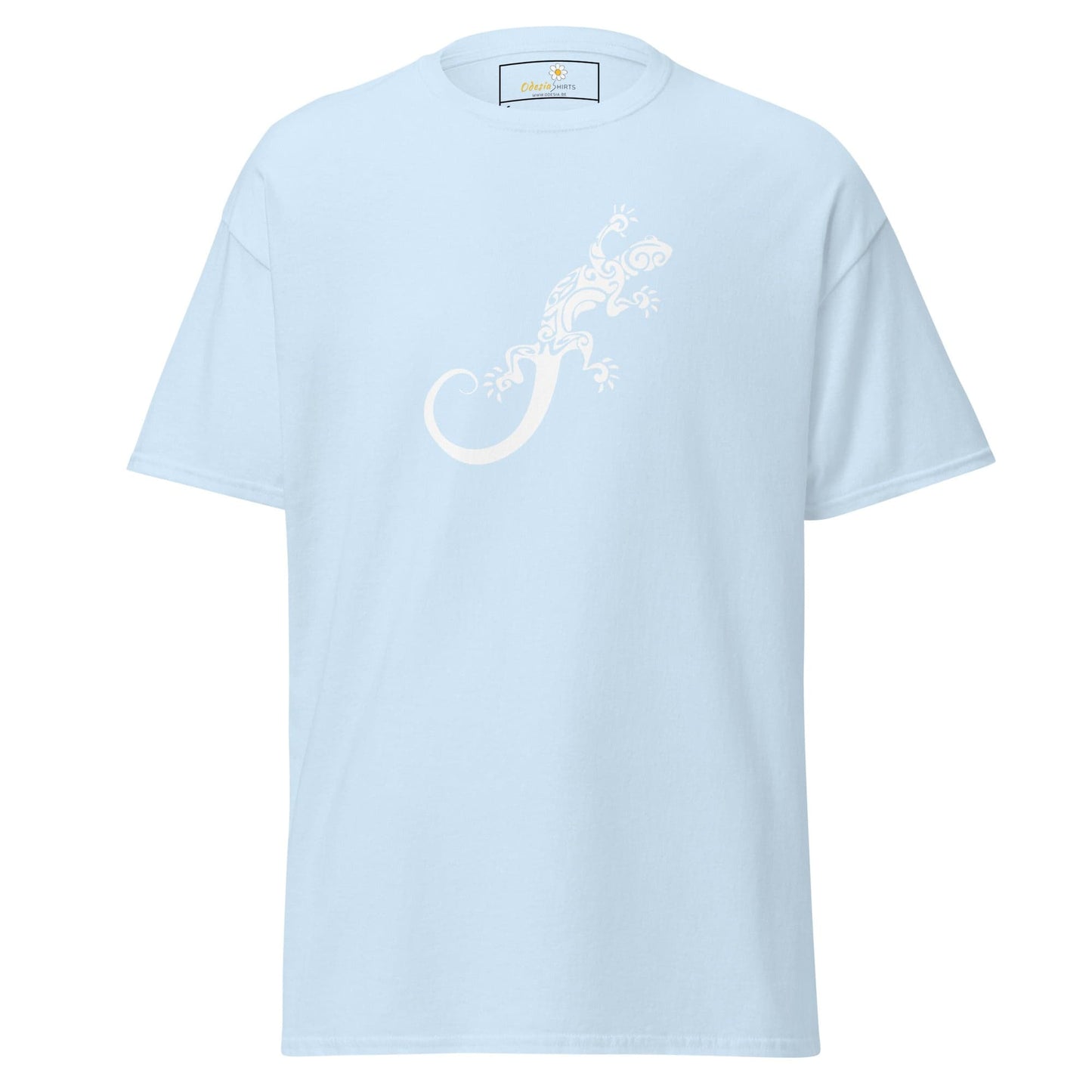 Light blue T-shirt with a detailed lizard design for men and women in sizes S to XL