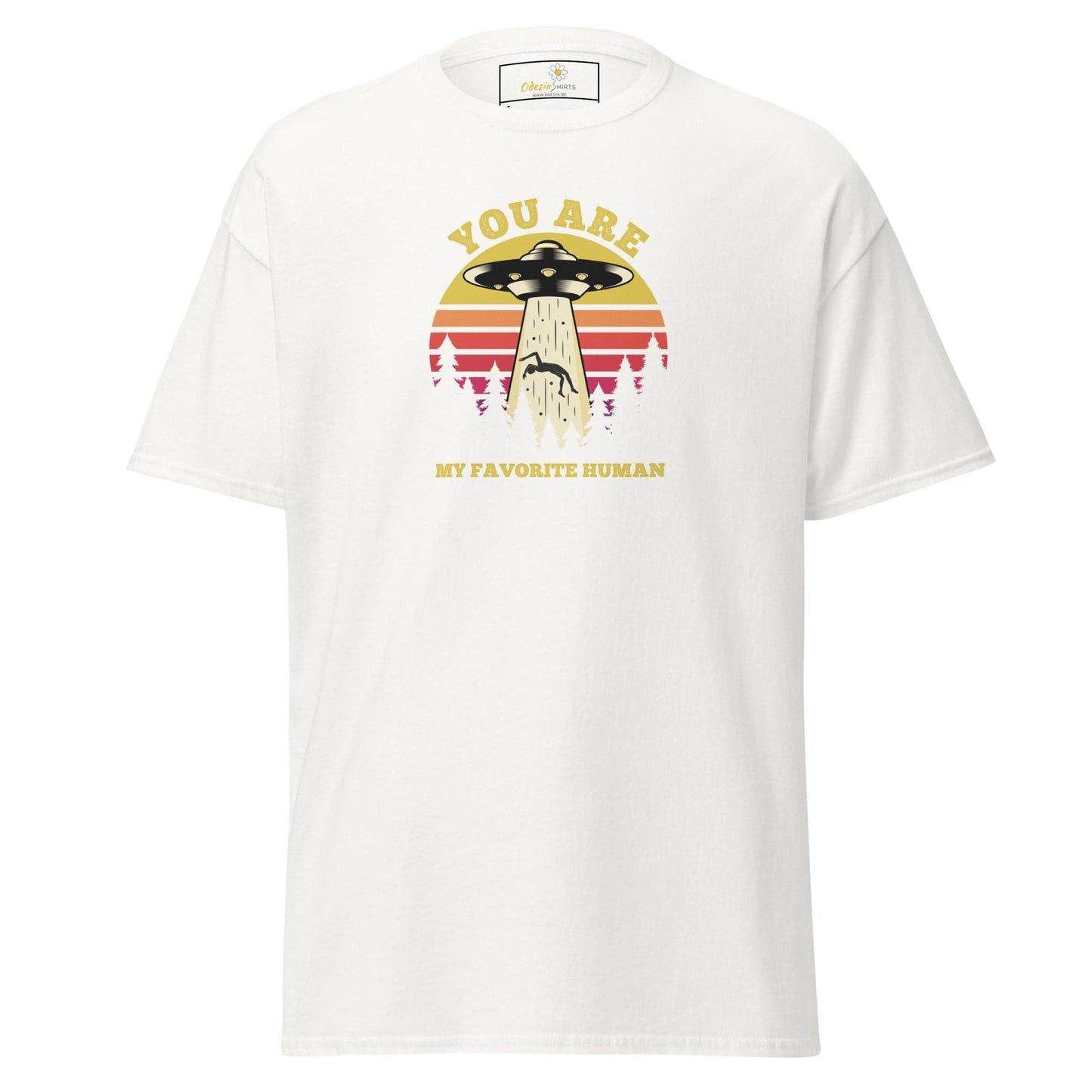 White T-shirt with alien abduction graphic from T-SHIRT DESIGN TEE for Men and Women