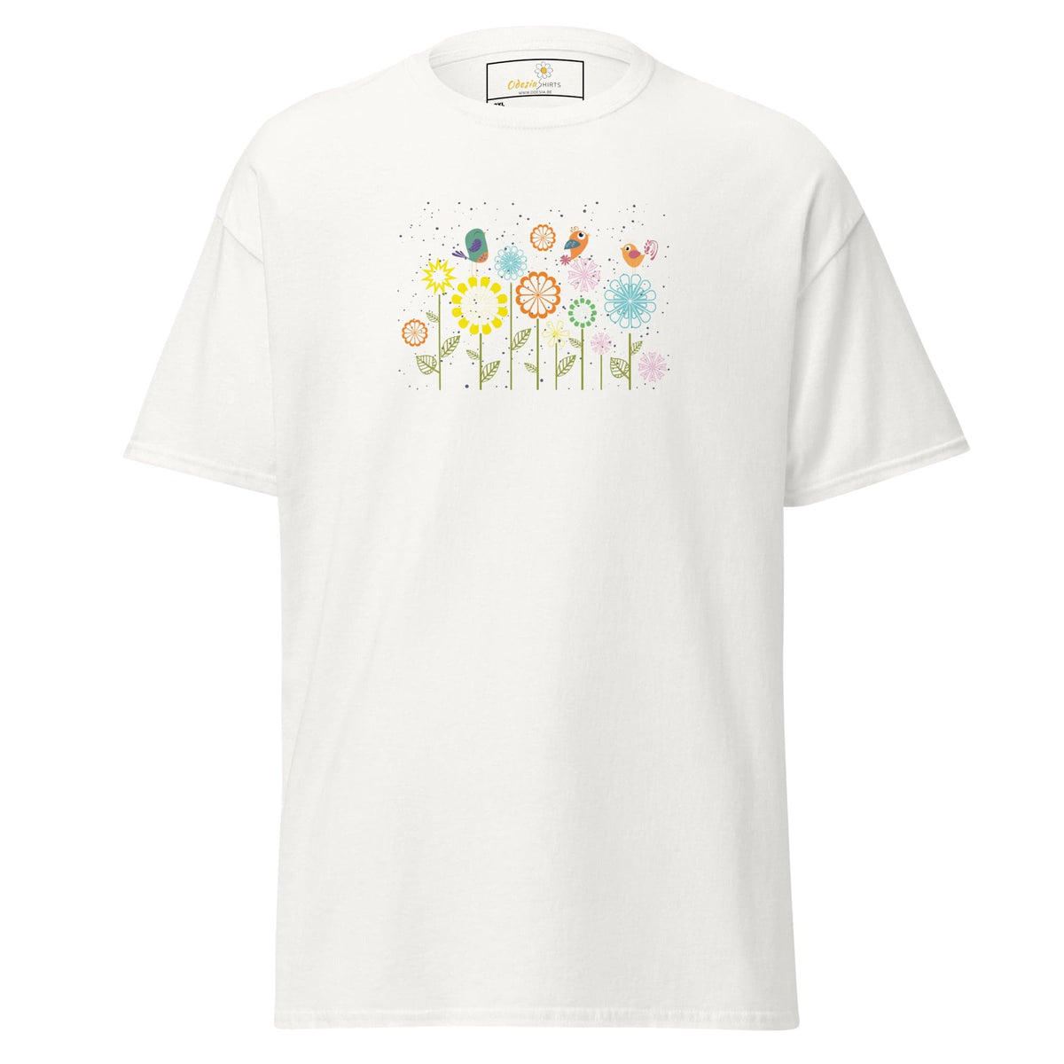 White t-shirt with floral design.