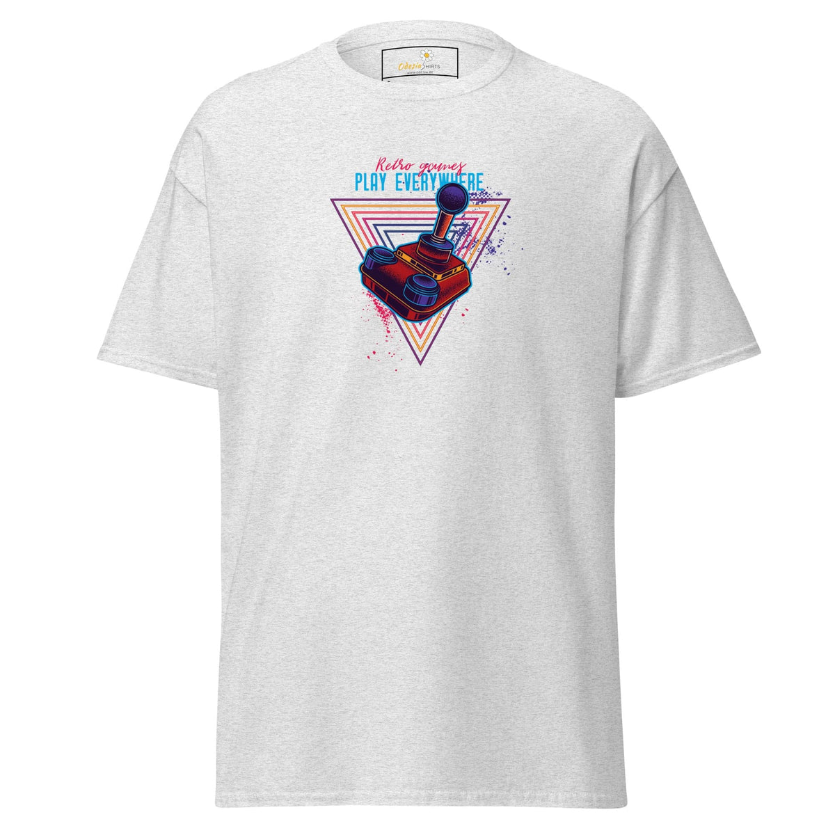 White T-shirt featuring a retro gaming design, suitable for men and women, available in S to XL
