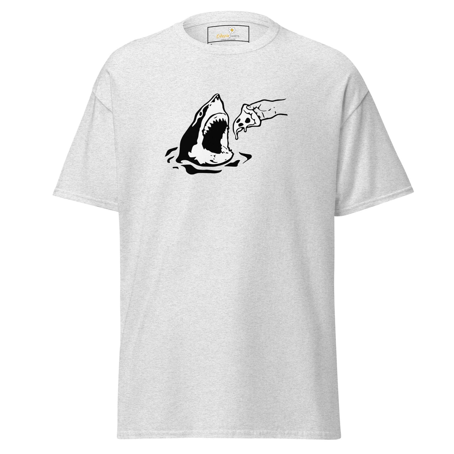 White T-shirt with shark and pizza graphic, suitable for men and women, sizes S to XL