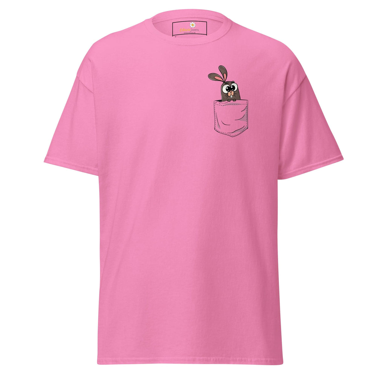 Pink T-shirt featuring a cartoon bunny in the pocket for men and women, available S to XL
