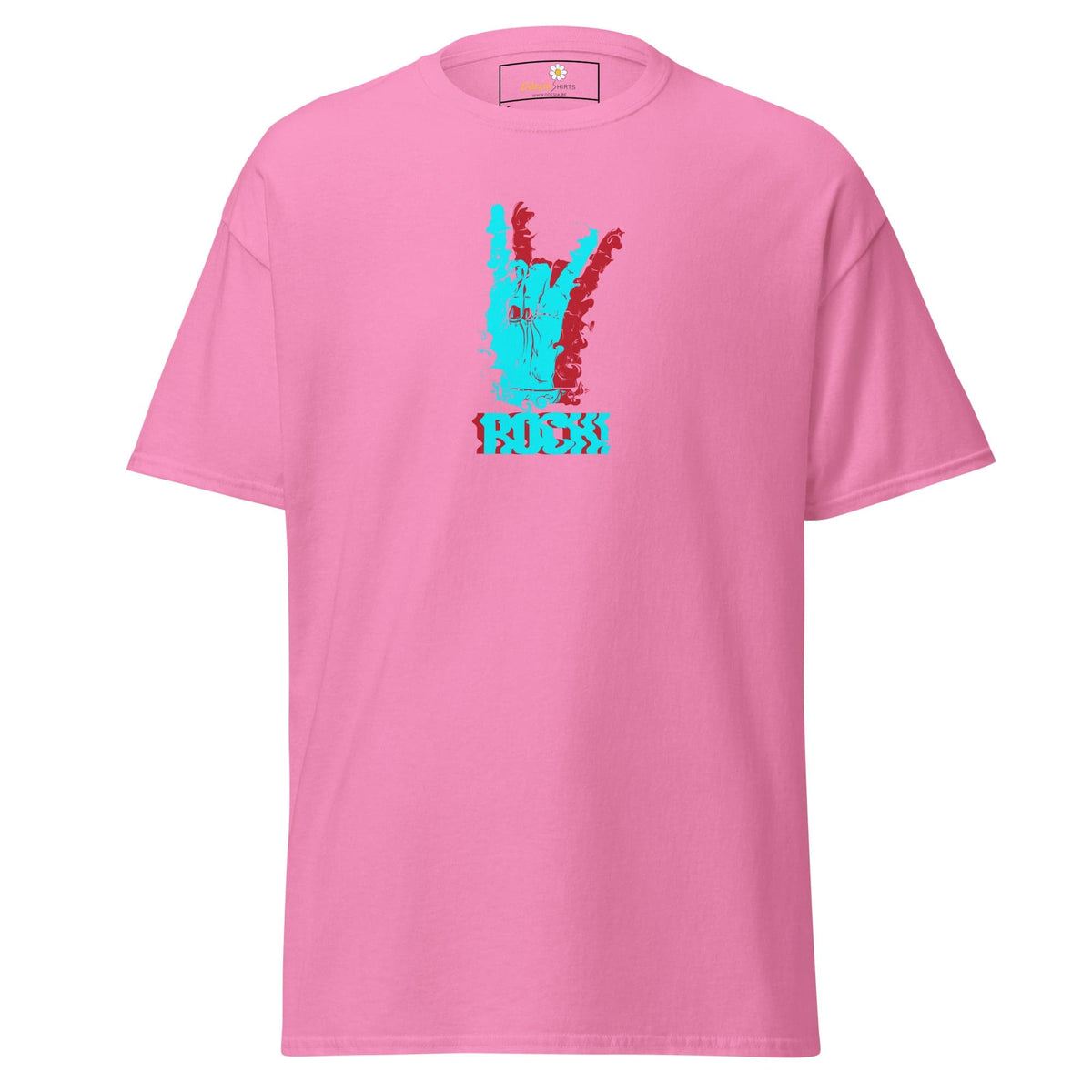 Pink T-shirt with graphic design, suitable for men and women, available in sizes S to XL