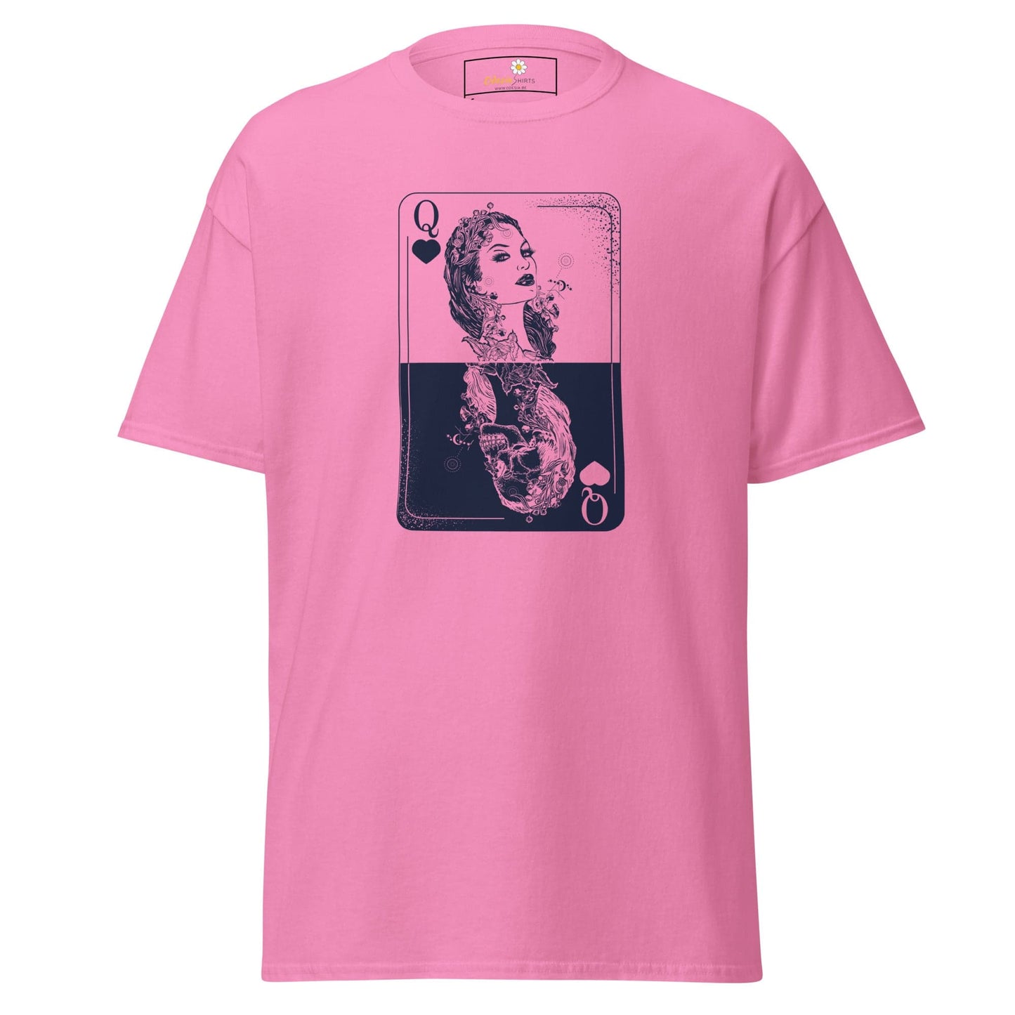 Pink T-shirt with playing card graphic for Men and Women in S to XL sizes