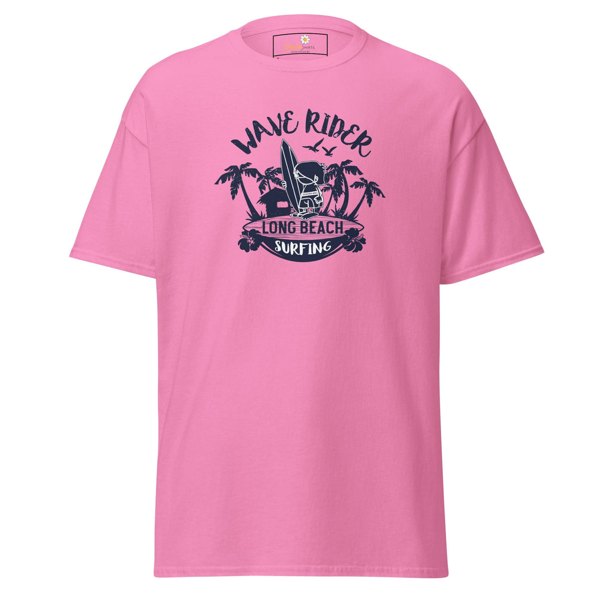 Pink T-shirt with surfing graphic for men or women, available in sizes S to XL