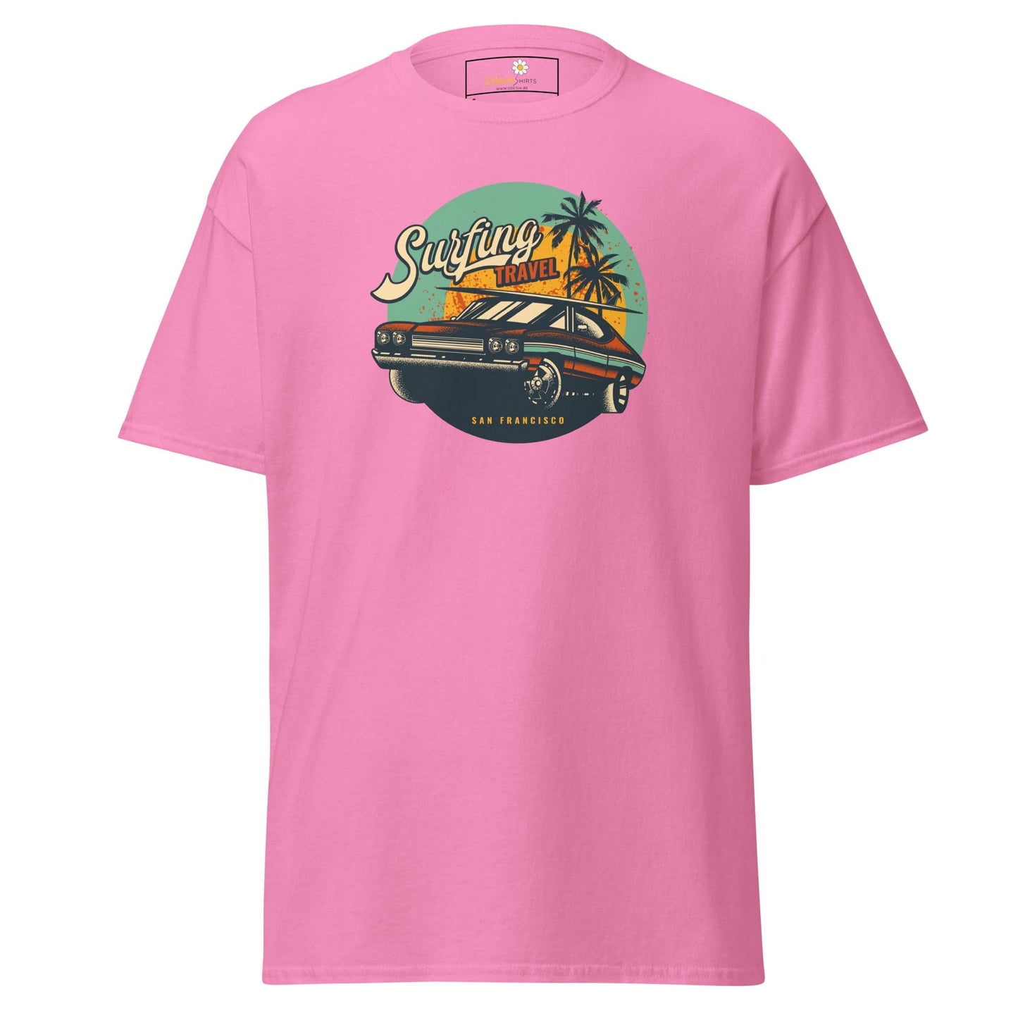Pink T-shirt with car graphic from T-SHIRT DESIGN TEE for men and women in sizes S to XL