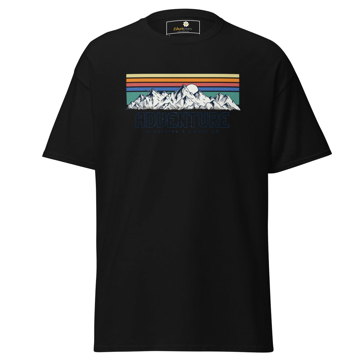 Black T-shirt featuring mountain graphic for men and women, available in sizes S to XL