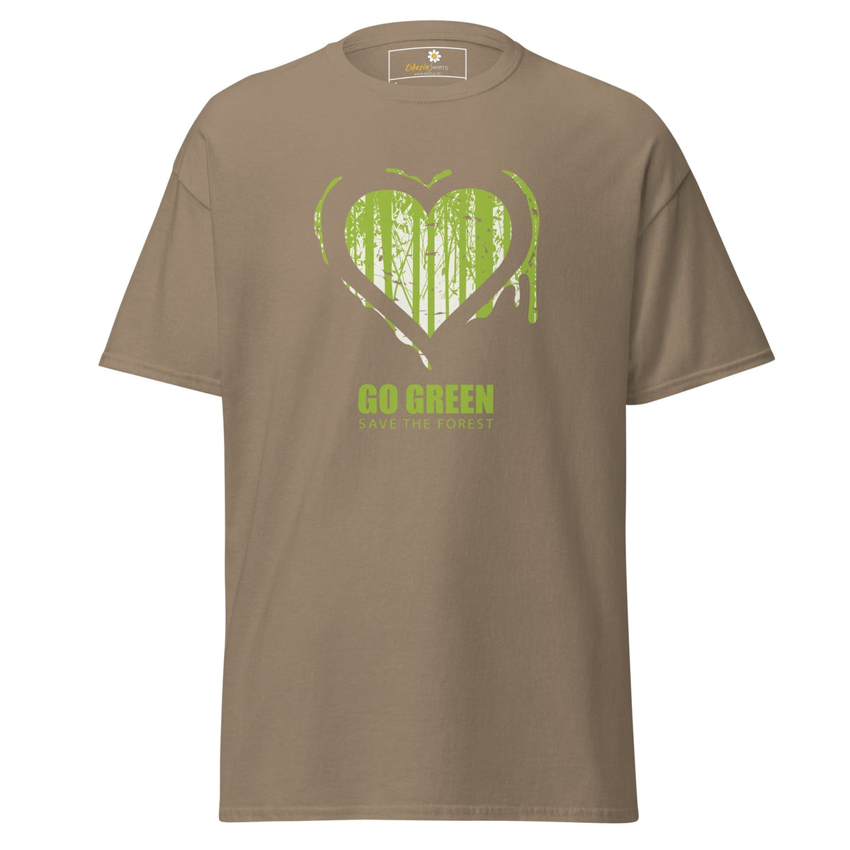 Khaki T-shirt with green heart and forest design for men and women in sizes S to XL