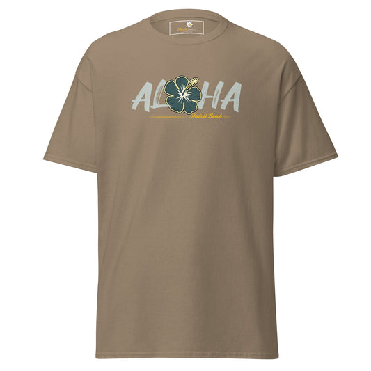 Tan T-shirt with Aloha graphic for men and women in S to XL sizes