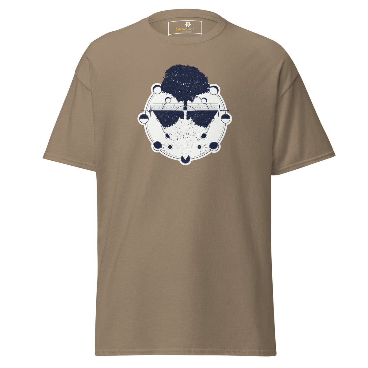 Khaki T-Shirt with Tree and Moon Phases Design for Men and Women in Sizes S to XL