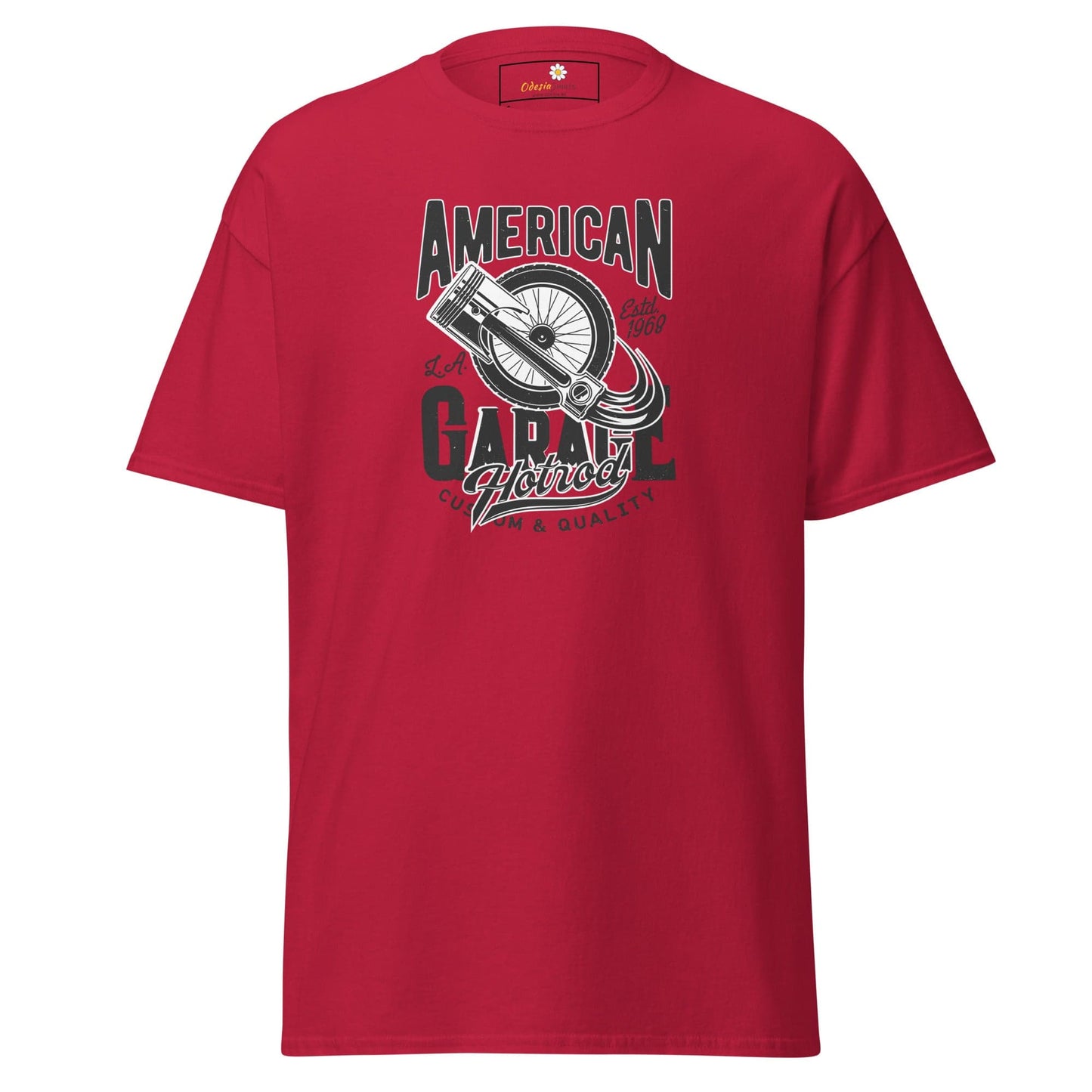 Red T-shirt with garage graphic for men and women in size S to XL