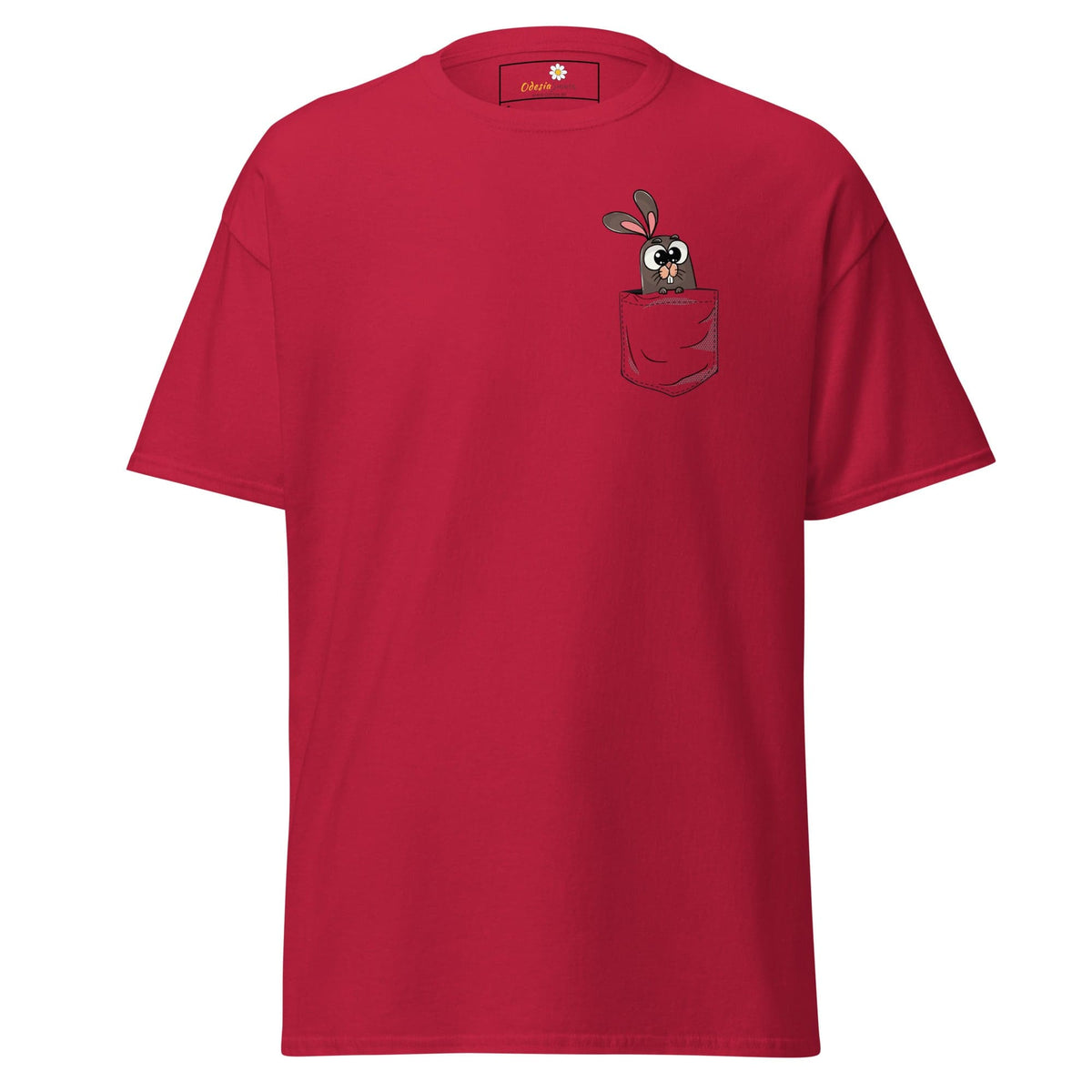 Red T-shirt with cartoon bunny in pocket from T-SHIRT DESIGN TEE for Men and Women