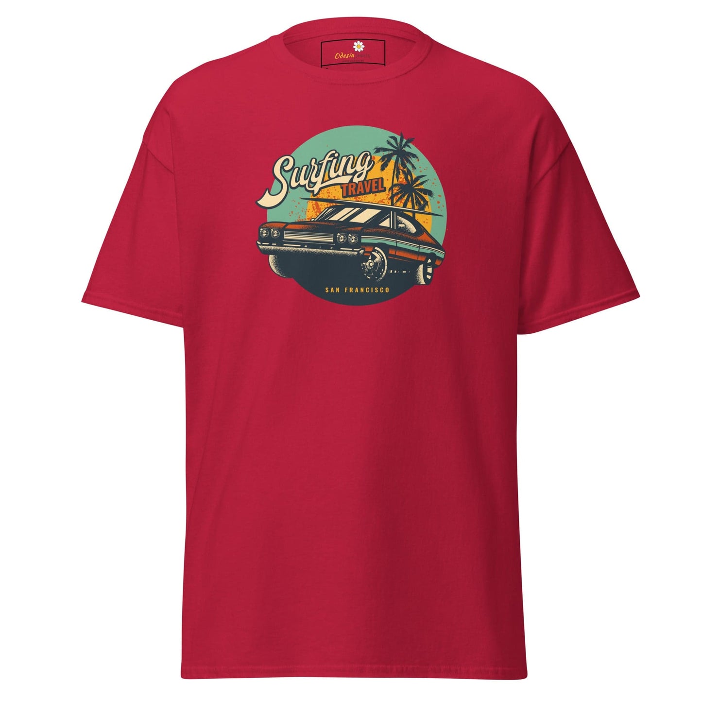 Red T-shirt with car graphic, available in S to XL for men and women