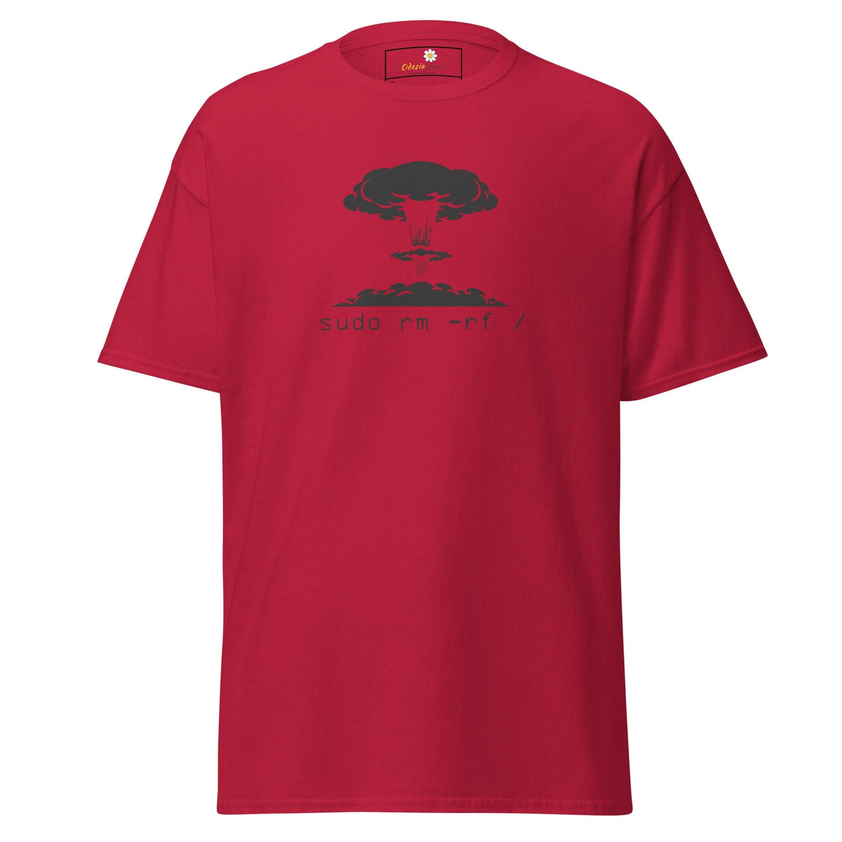 Red T-shirt with graphic design for men and women, available in sizes S to XL