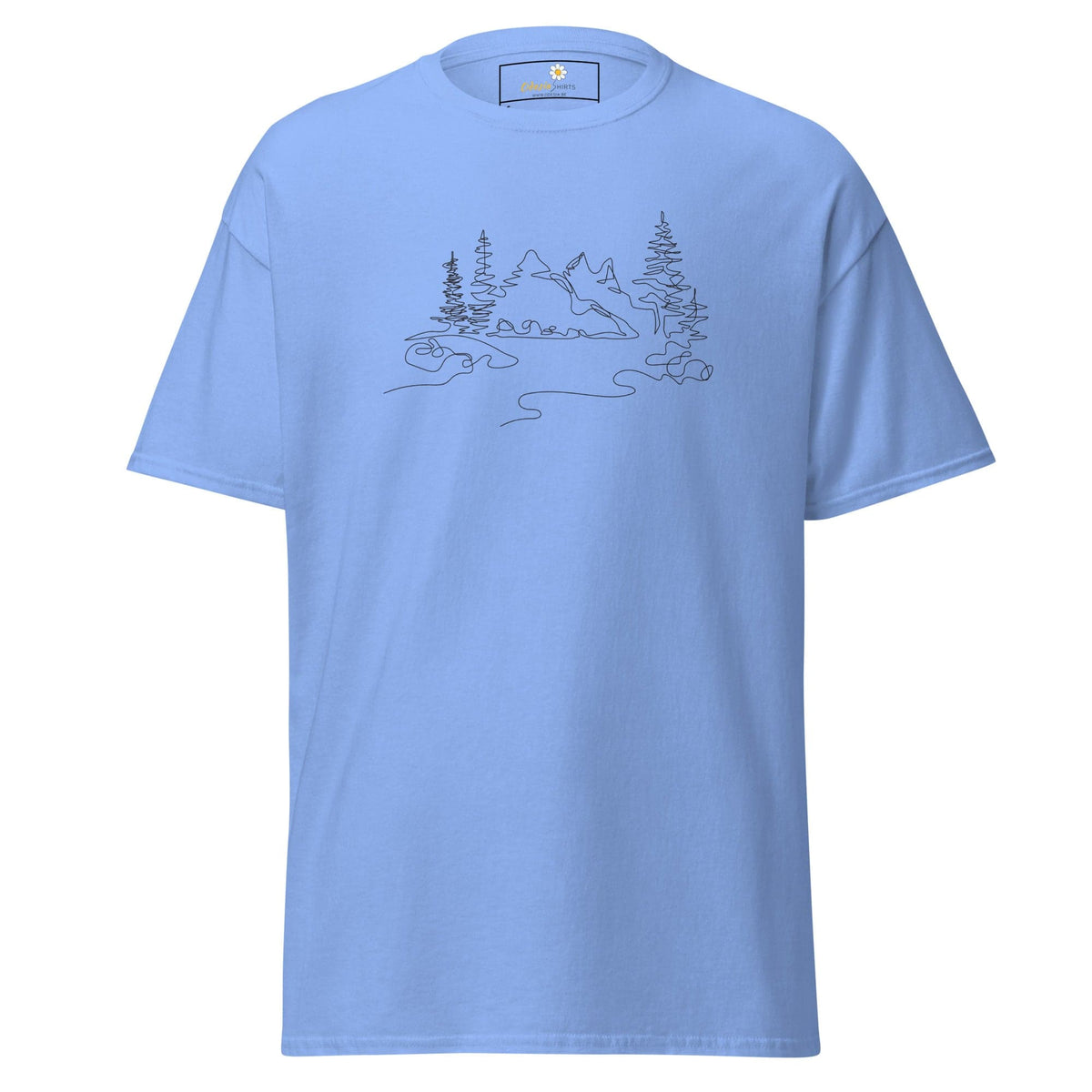 Light blue T-shirt featuring mountain and tree line drawing for men and women sizes S to XL