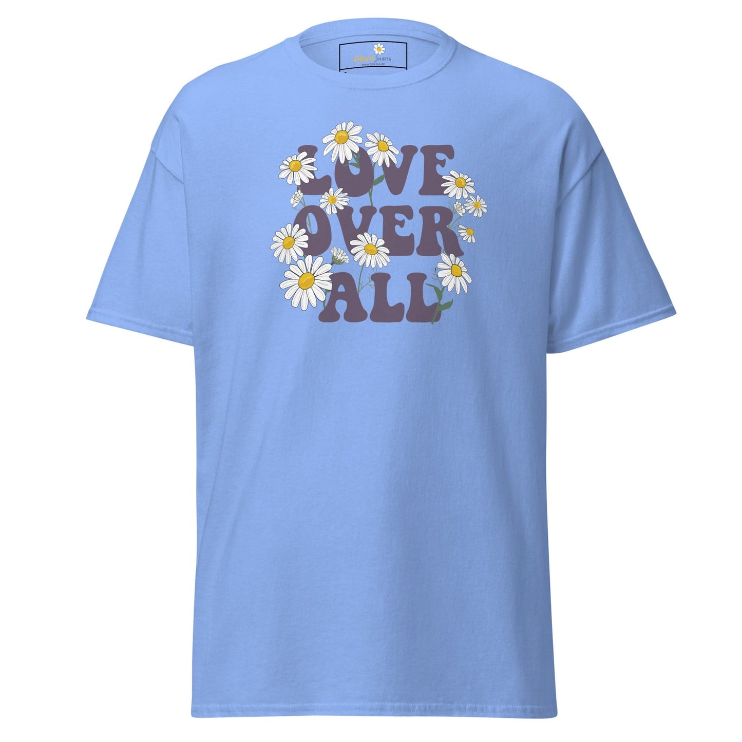 Light blue T-shirt featuring a floral Love Over All graphic for men and women sizes S to XL