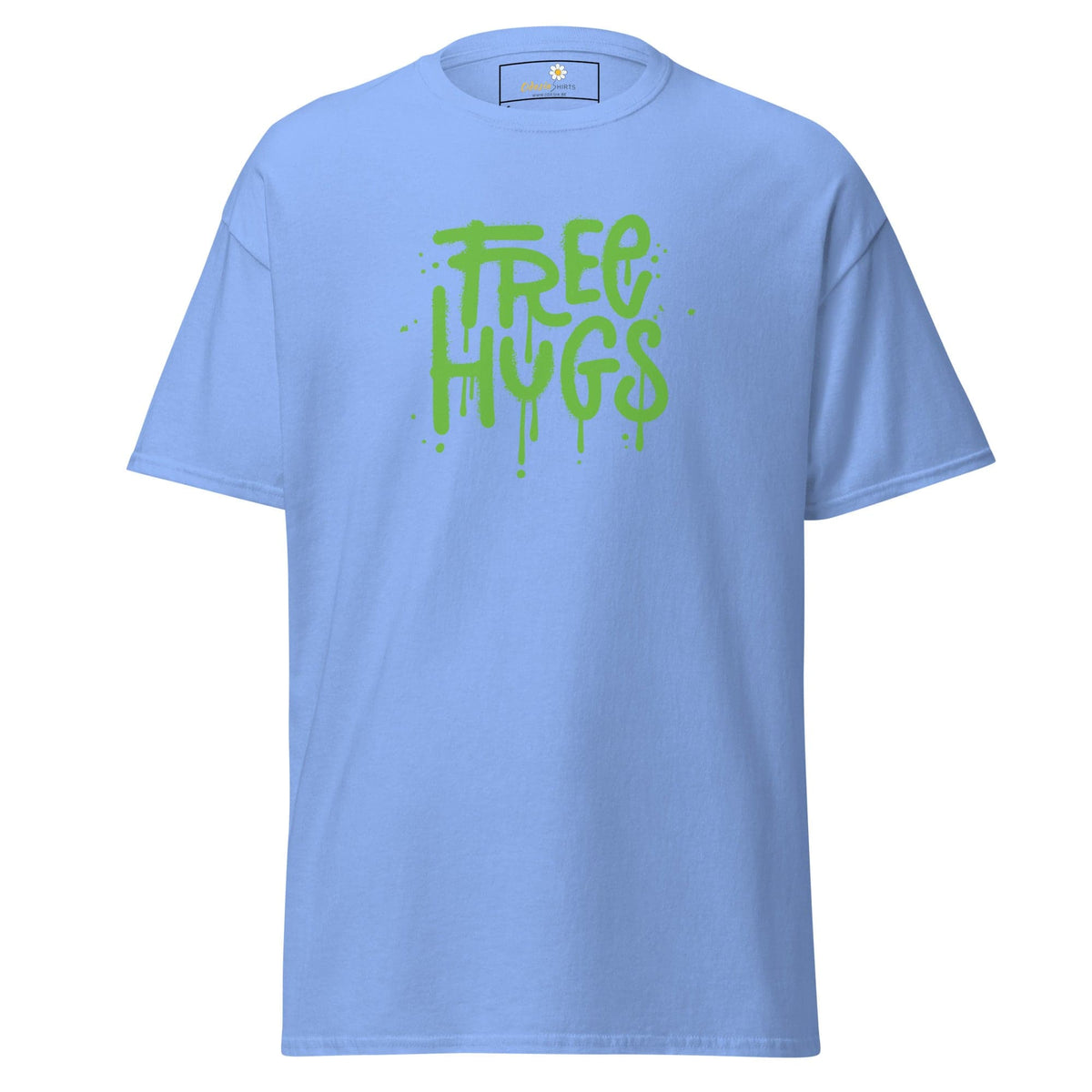 Light blue T-shirt with a green Free Hugs graphic for Men and Women sizes S to XL