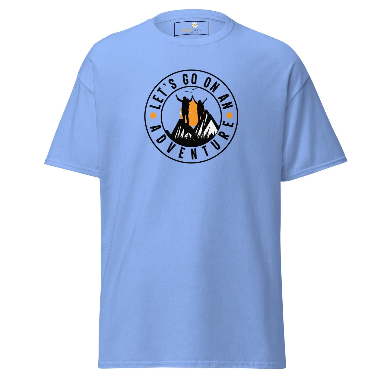 Light blue men’s and women’s T-shirt with adventure graphic design in size S to XL