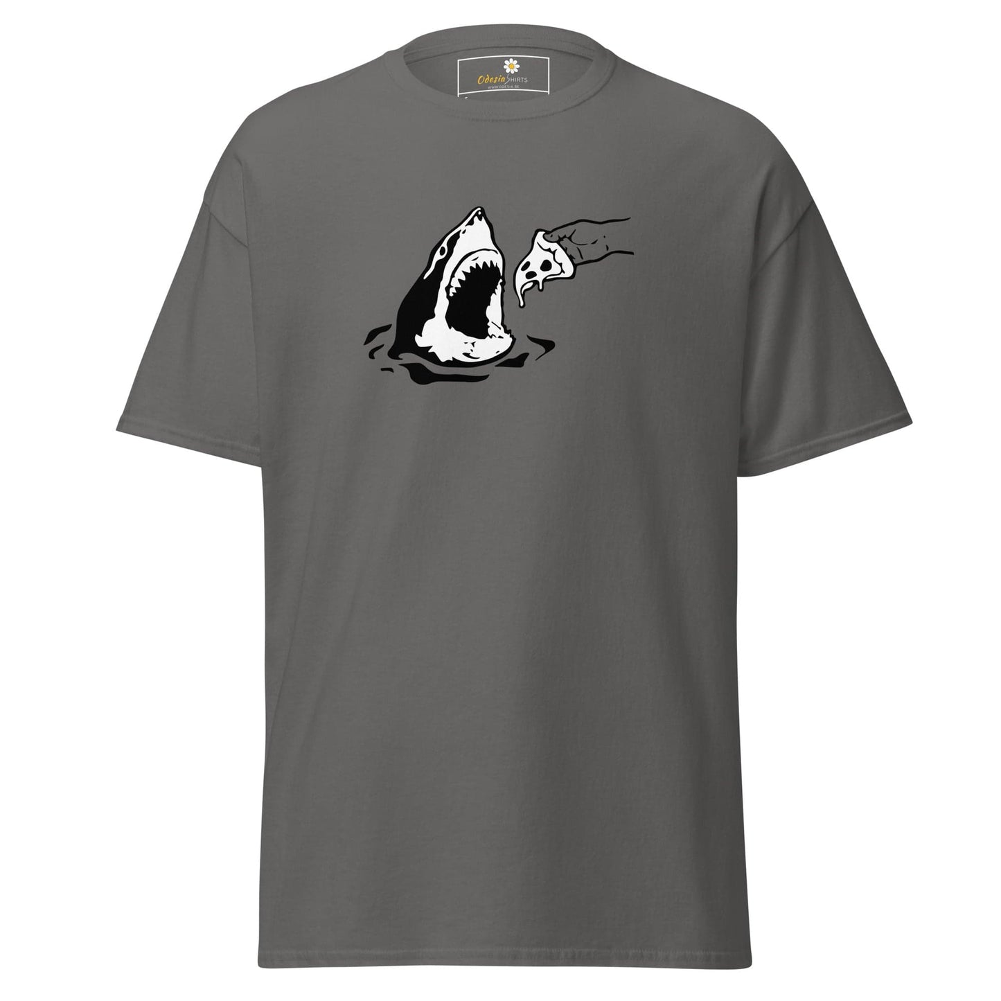 Gray T-shirt featuring a shark and pizza graphic for men and women in sizes S to XL