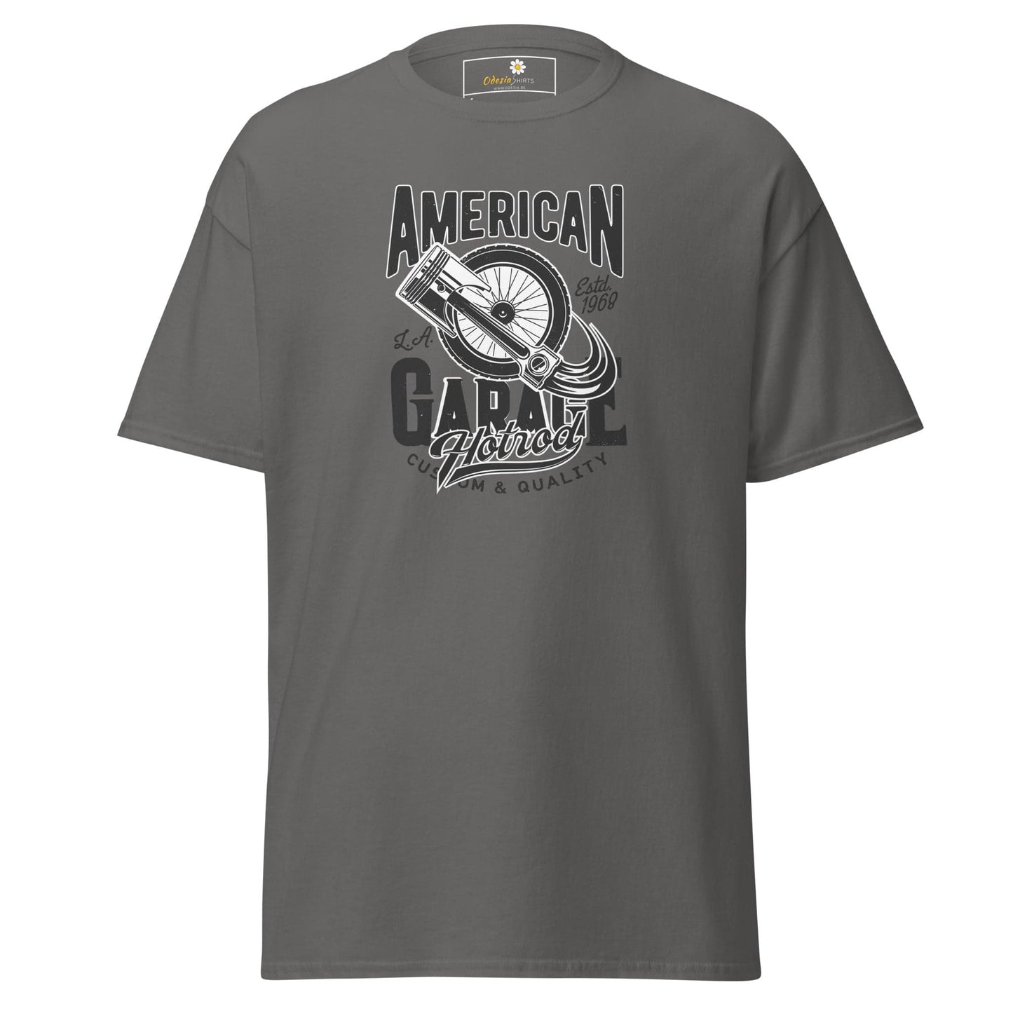 Gray t-shirt with car-themed graphic for men and women, available in sizes S to XL