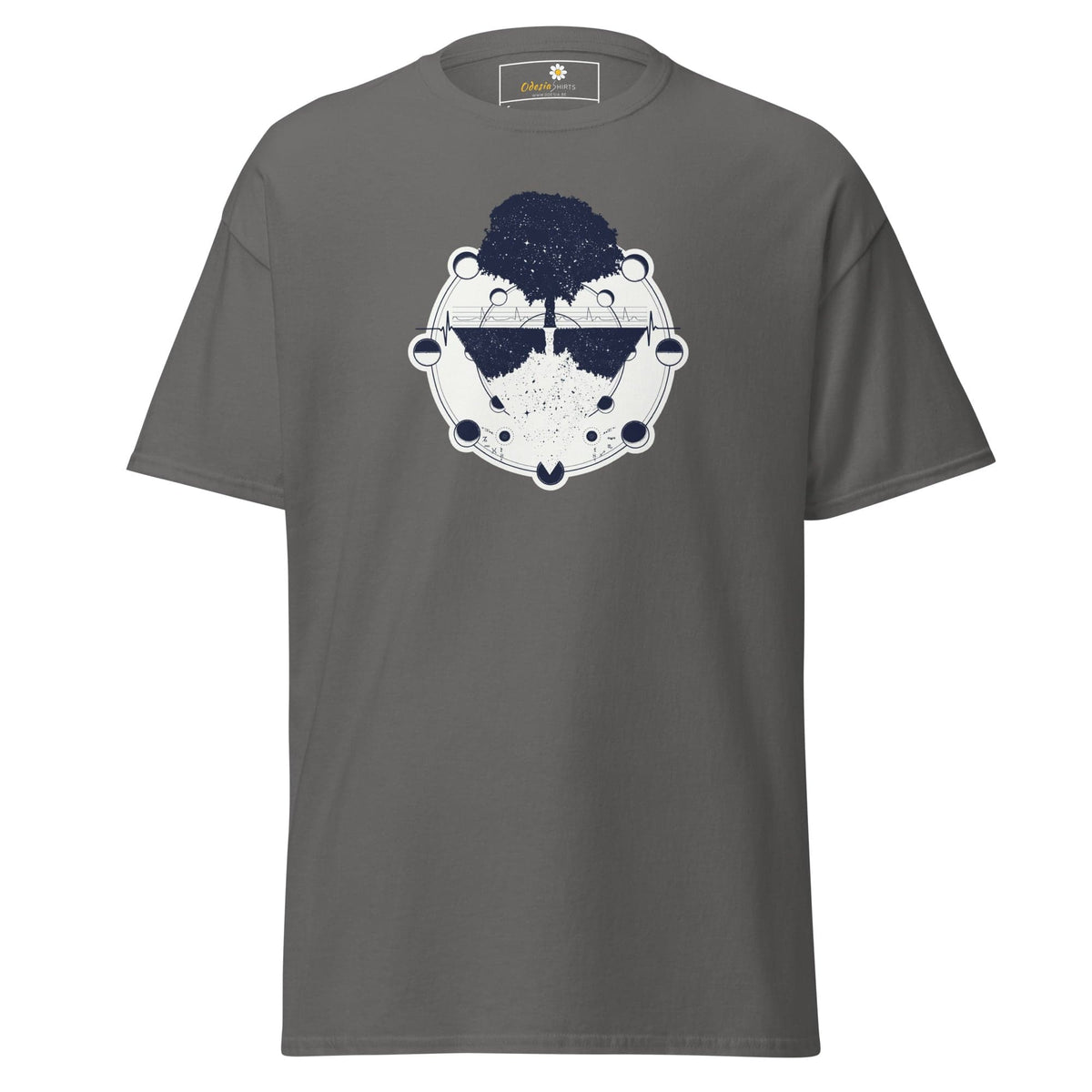 Gray T-shirt with tree graphic suitable for men and women, available in sizes S to XL