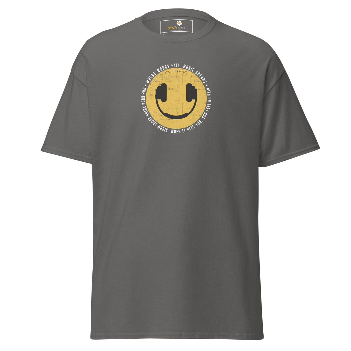 Gray T-shirt with a smiley face wearing headphones in the T-SHIRT DESIGN TEE collection