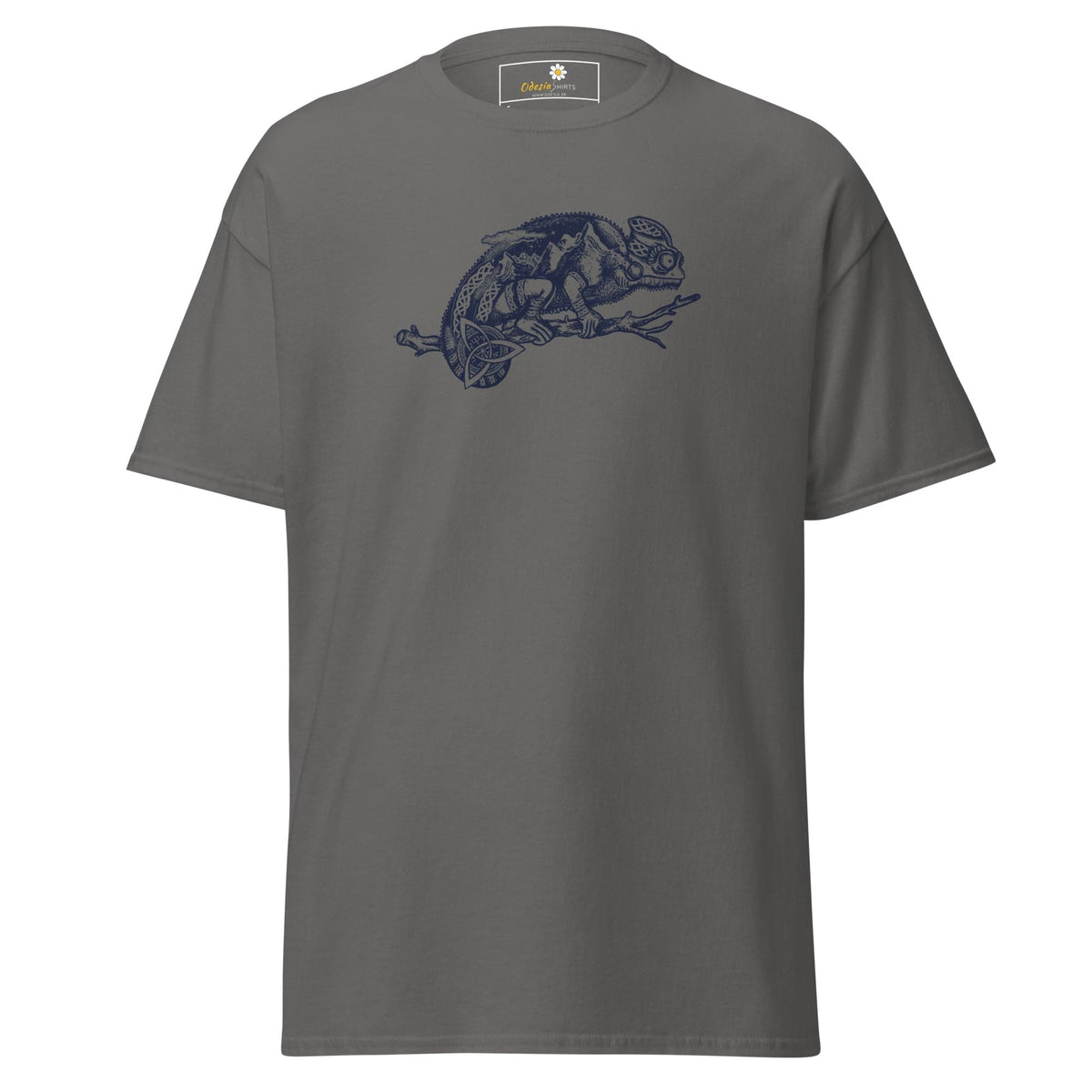 Gray T-shirt with chameleon graphic, suitable for men and women, available in sizes S to XL