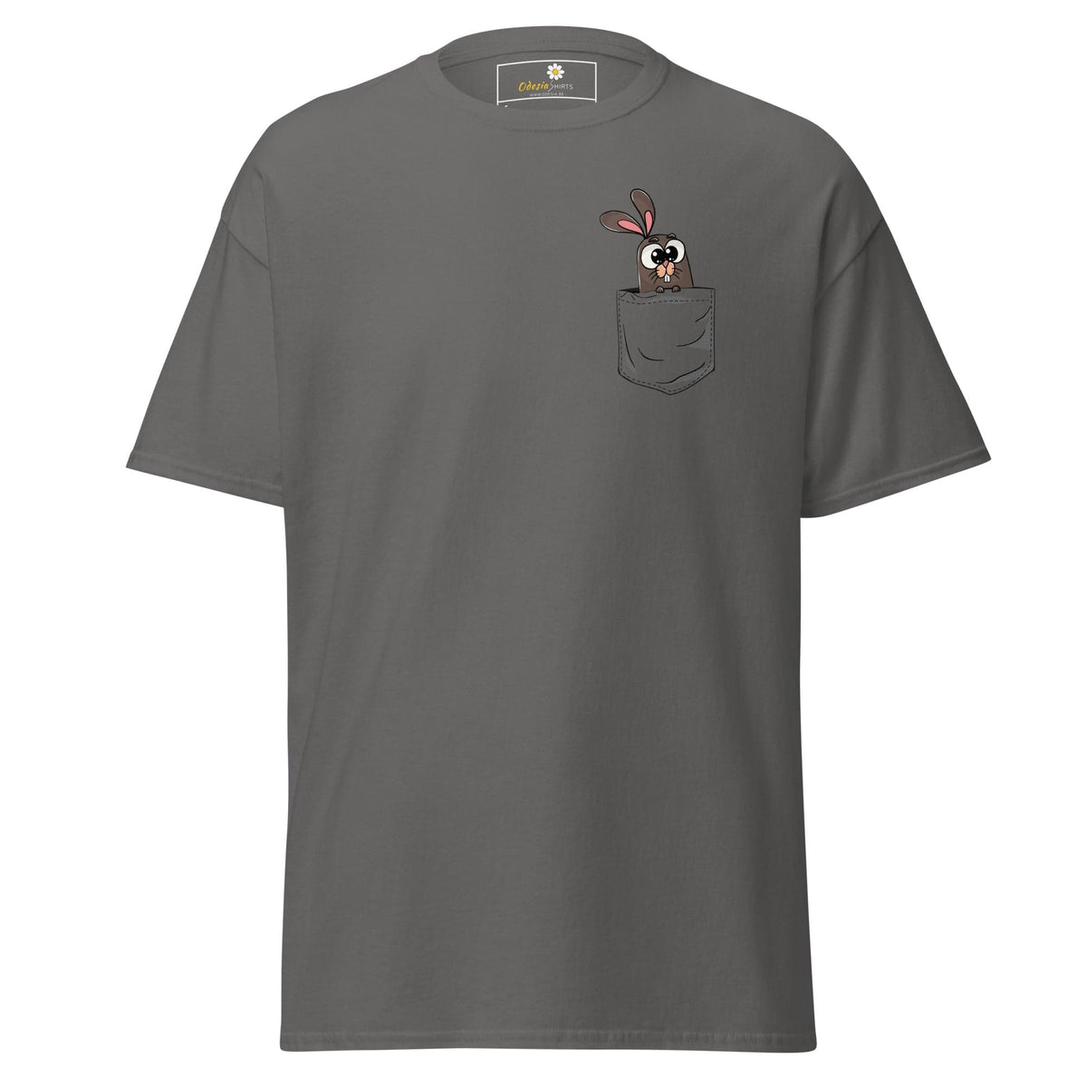 Gray T-shirt with cartoon rabbit in pocket, suitable for Men and Women, sizes S to XL