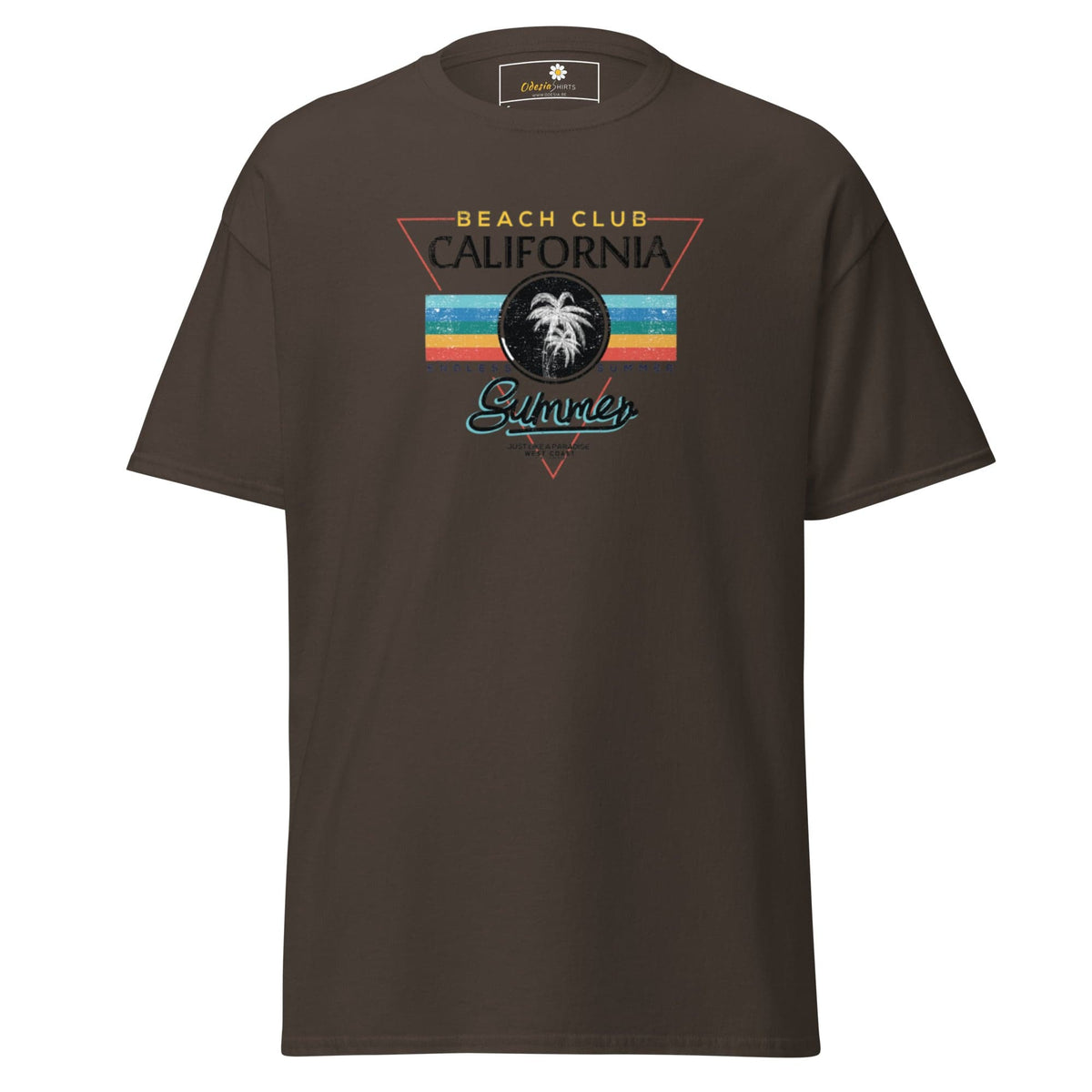 Brown T-shirt with Beach Club California Summer graphic for men and women in sizes S to XL