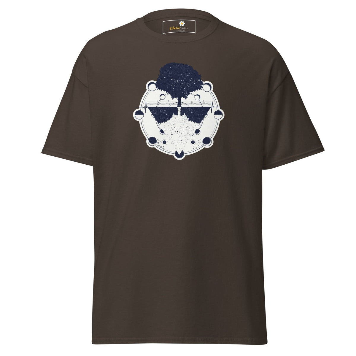 Brown T-shirt with tree and moon phases graphic for men and women in S-XL size