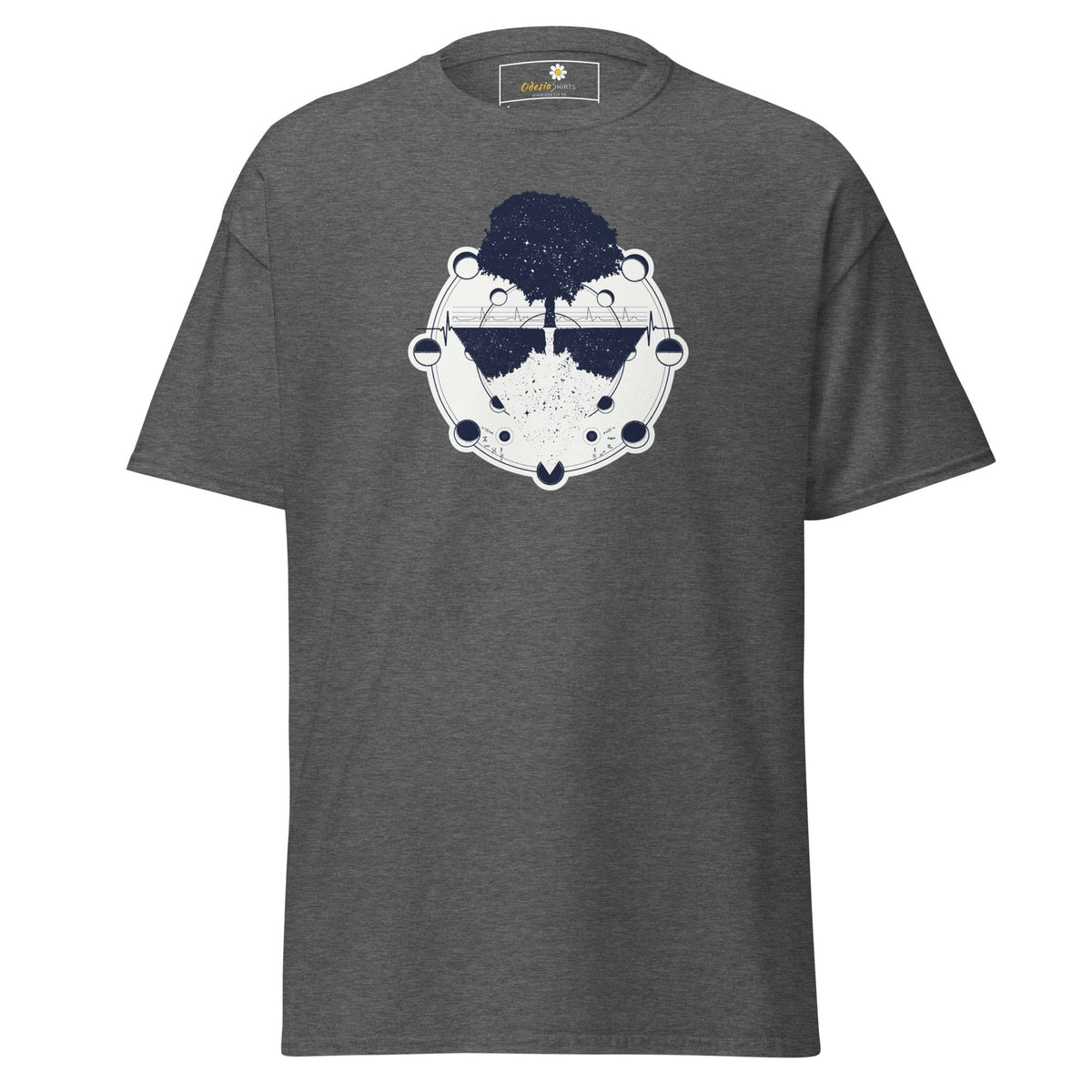 Gray T-shirt with tree and moon phases design, ideal for men and women