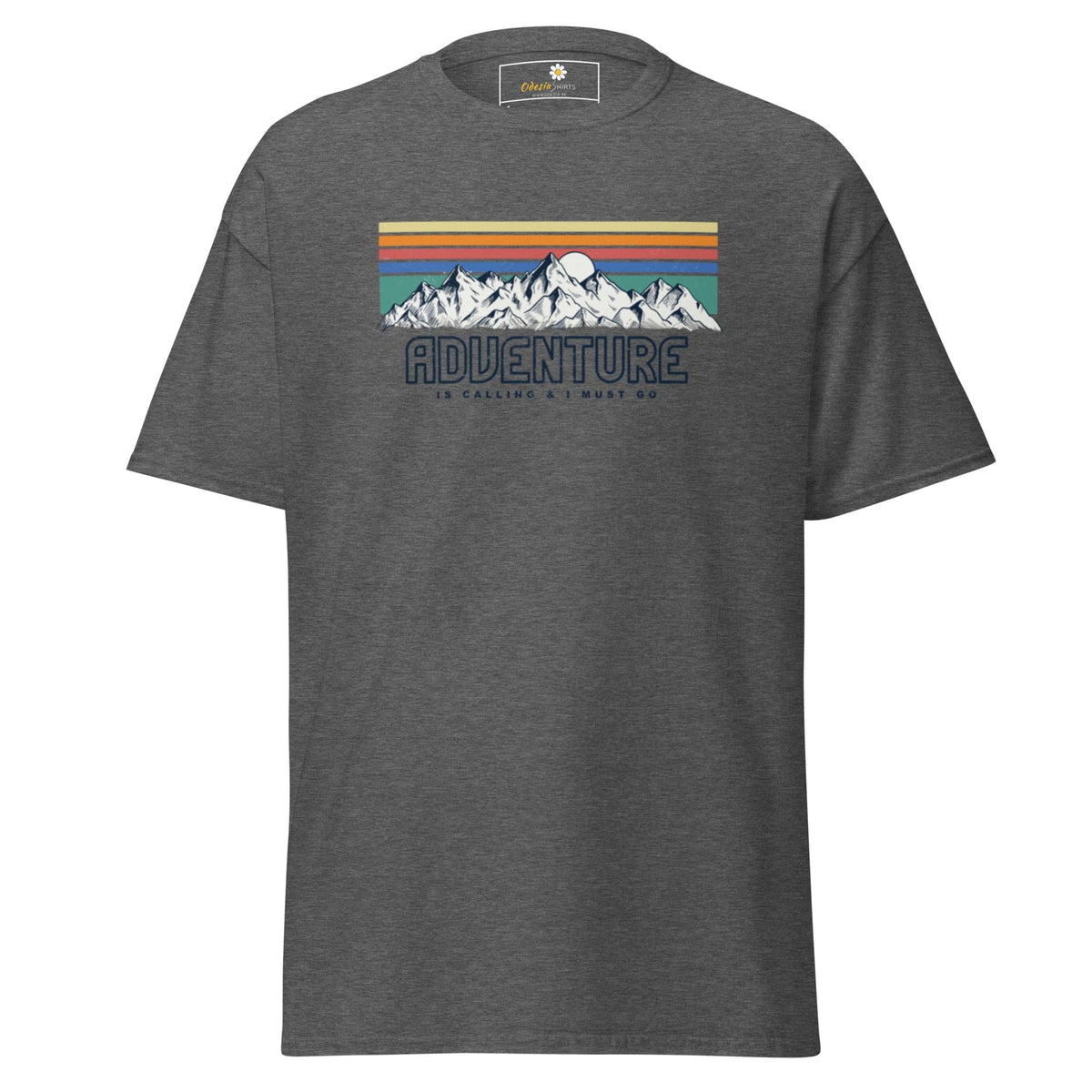 Gray t-shirt with mountain graphic displayed on men’s and women’s T-SHIRT DESIGN TEE