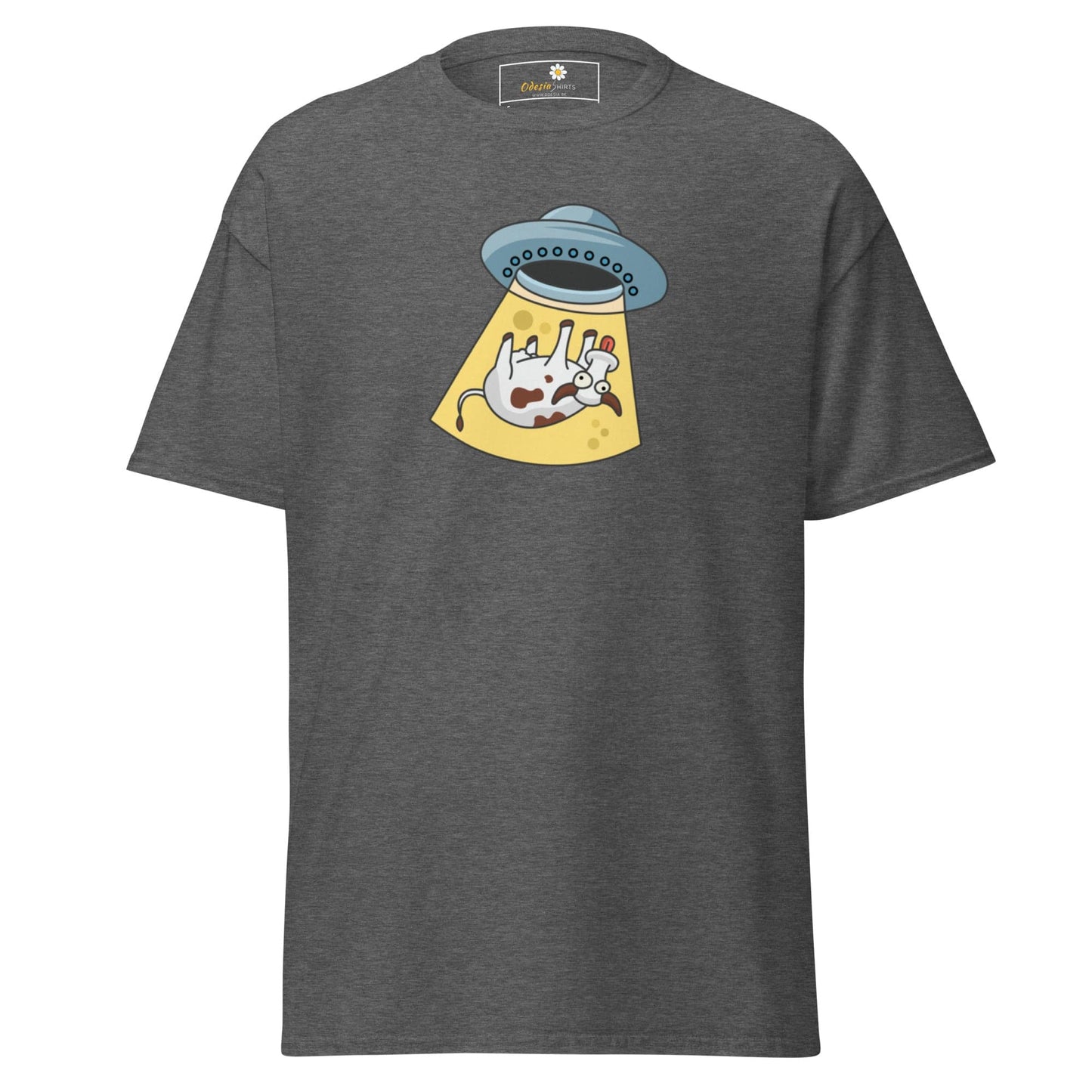 Gray T-shirt with alien abduction graphic for men and women in size S to XL