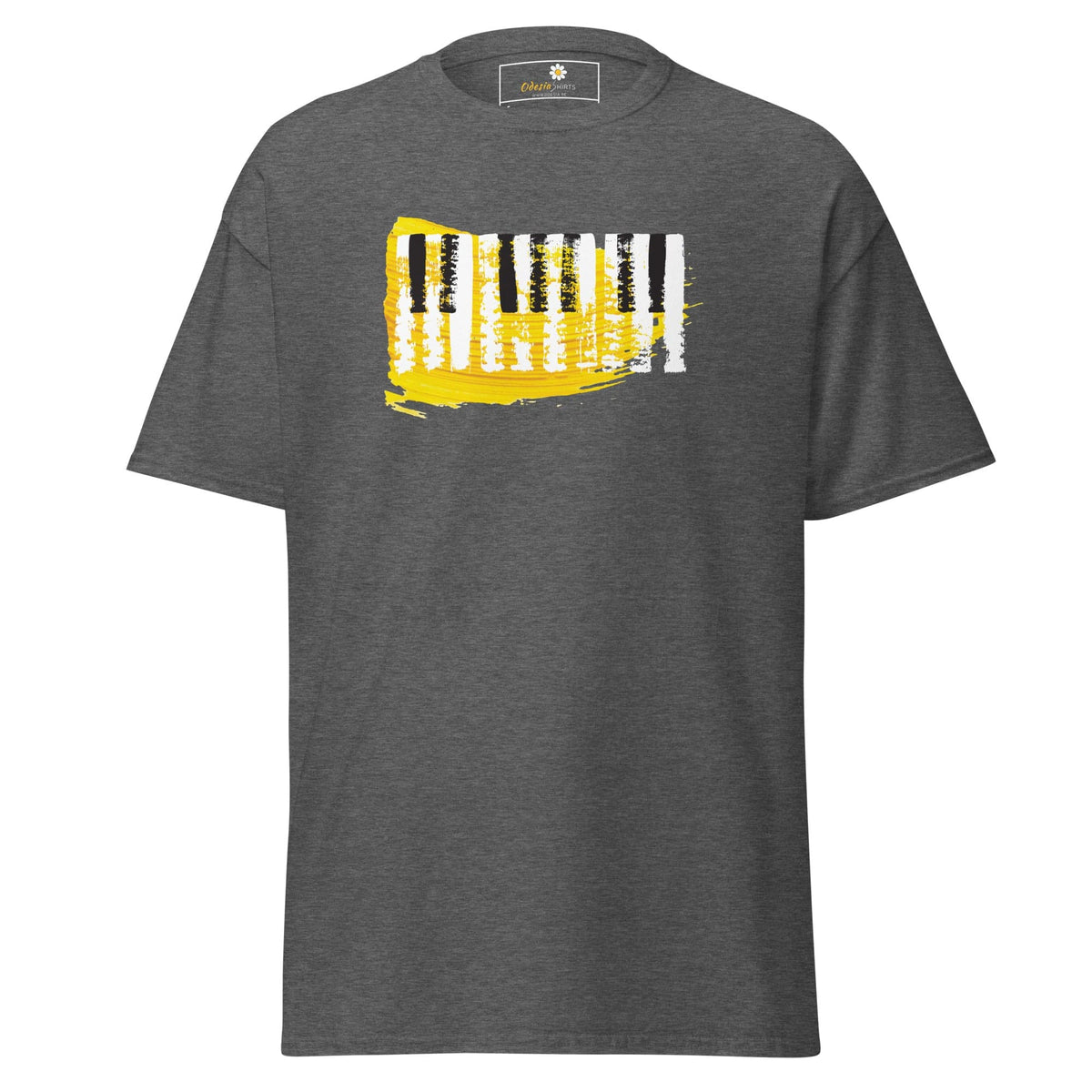 Gray T-shirt featuring a piano key design, suitable for men and women in S to XL sizes