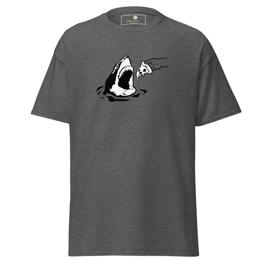 Gray T-shirt for Men and Women featuring shark and pizza graphic, available in S to XL