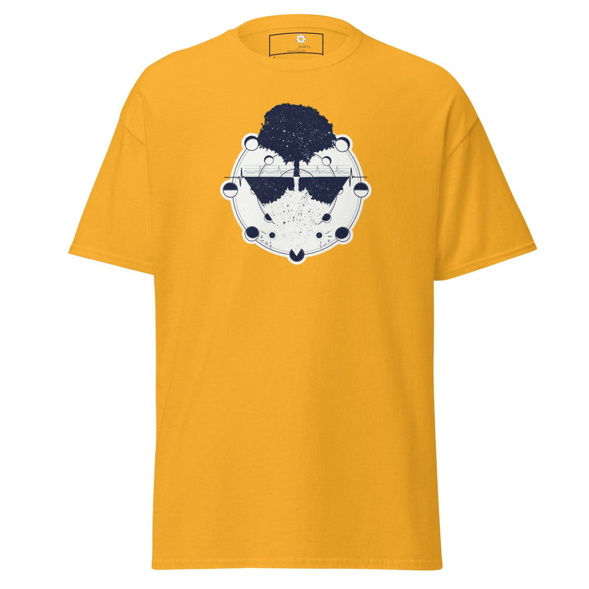 Yellow t-shirt with tree and moon phases design for men and women in sizes S to XL
