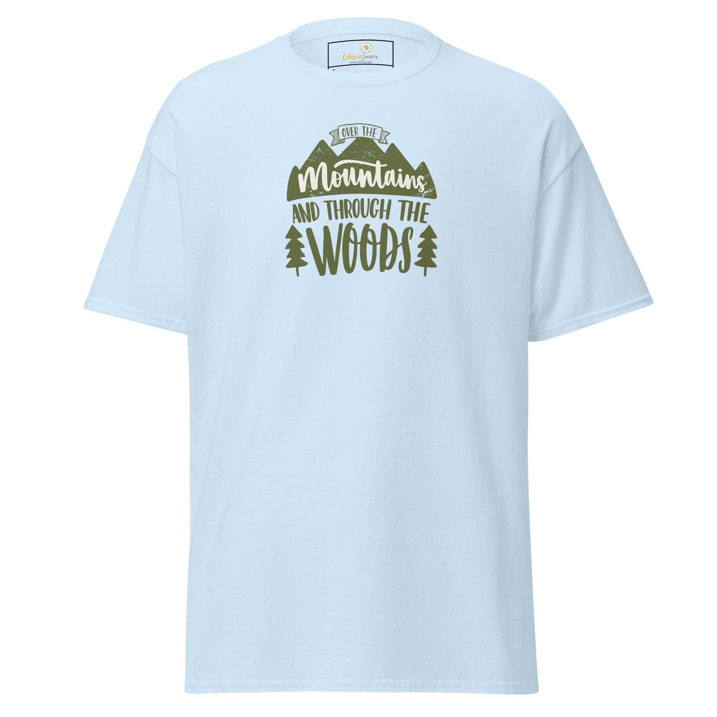 Light blue T-shirt with mountain and woods graphic for men and women sizes S to XL