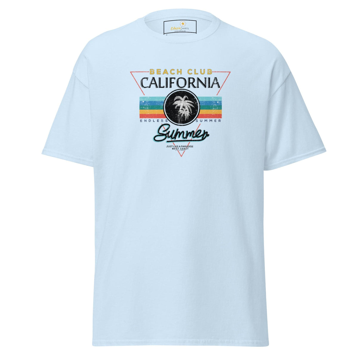 Light blue T-shirt with a beach club design for men and women in sizes S to XL