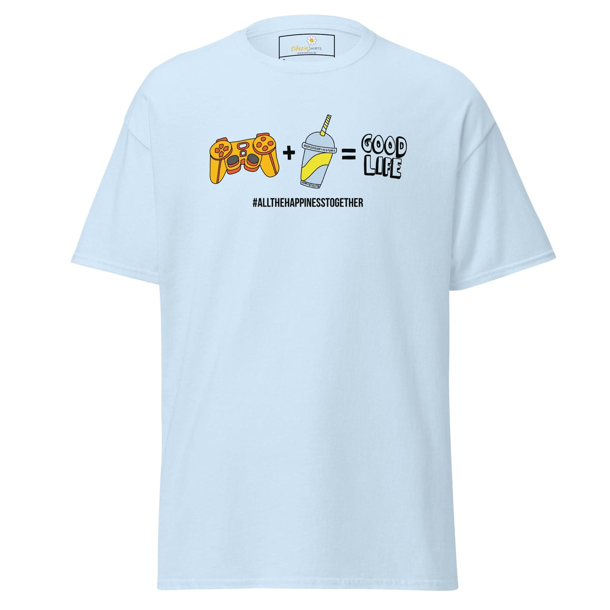 Light blue T-shirt with graphic design for men and women in sizes S to XL