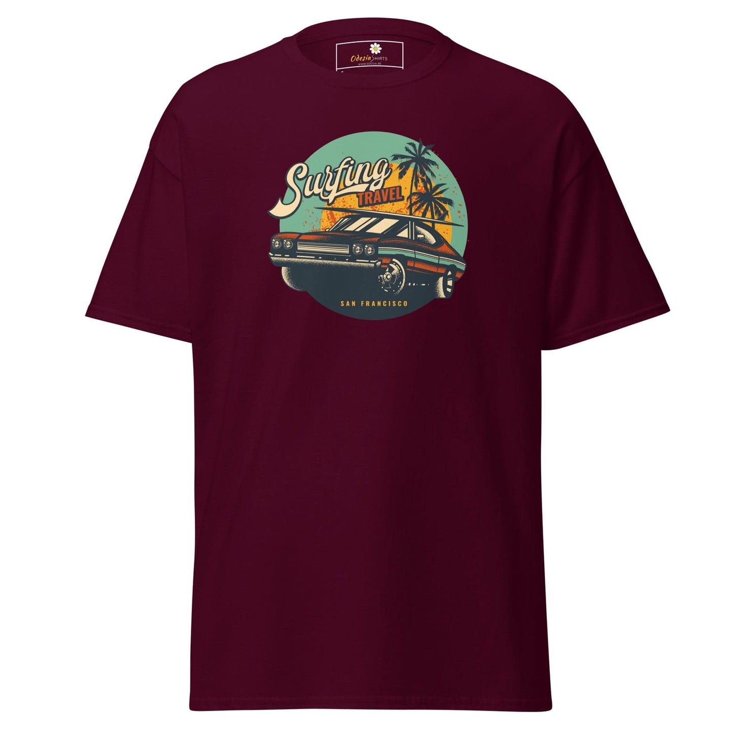 Maroon T-shirt with Car Graphic for Men and Women available in sizes S to XL