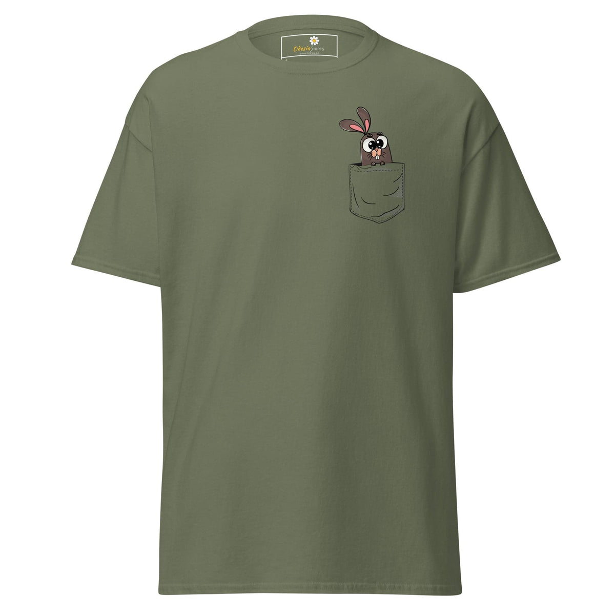 Olive green T-shirt with cartoon rabbit in pocket for men and women size S to XL