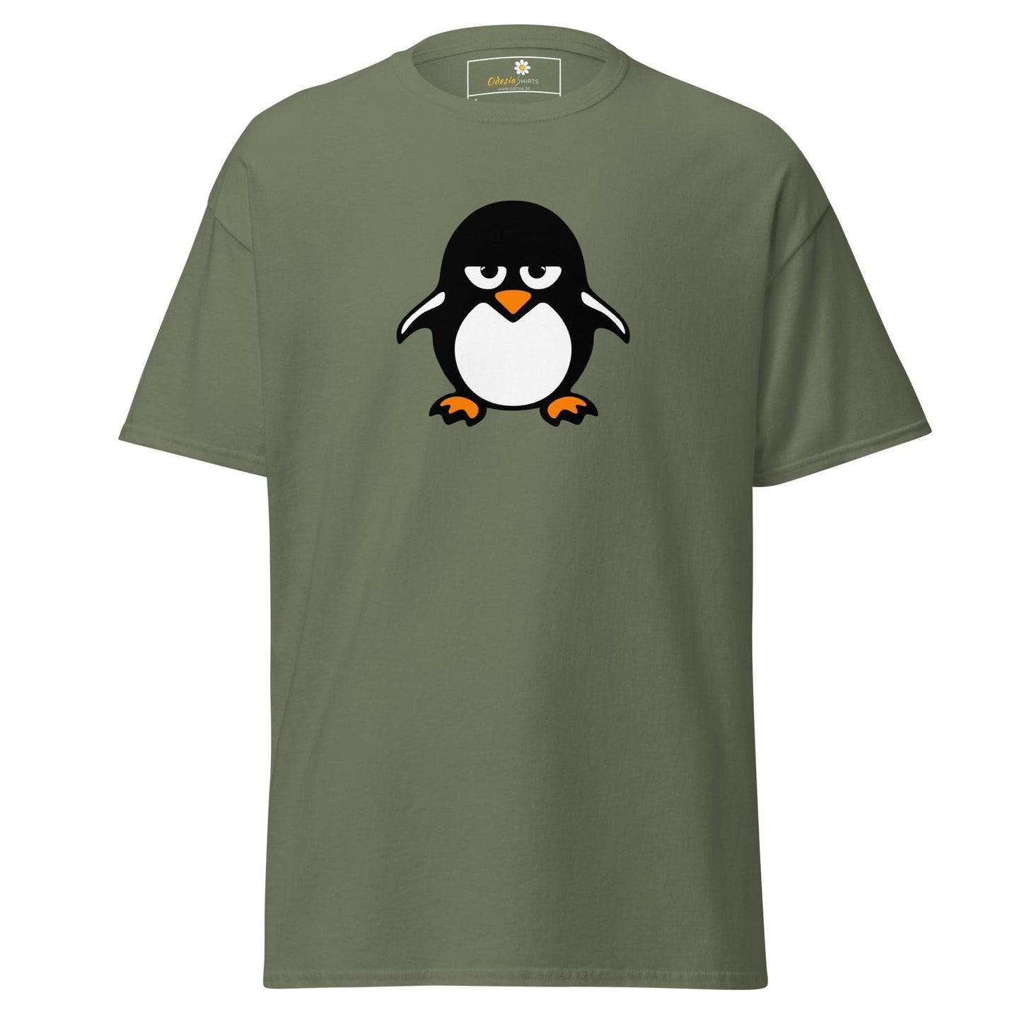 Olive green T-shirt with penguin graphic for men and women in S to XL sizes