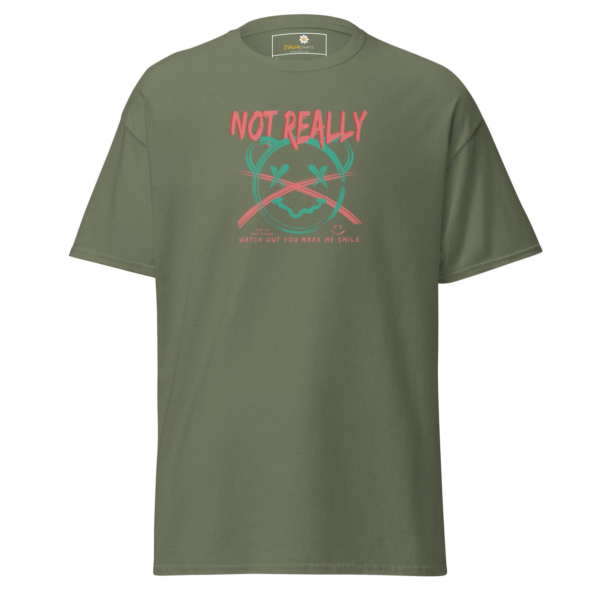 Olive green T-shirt with graphic design for Men and Women available in sizes S to XL
