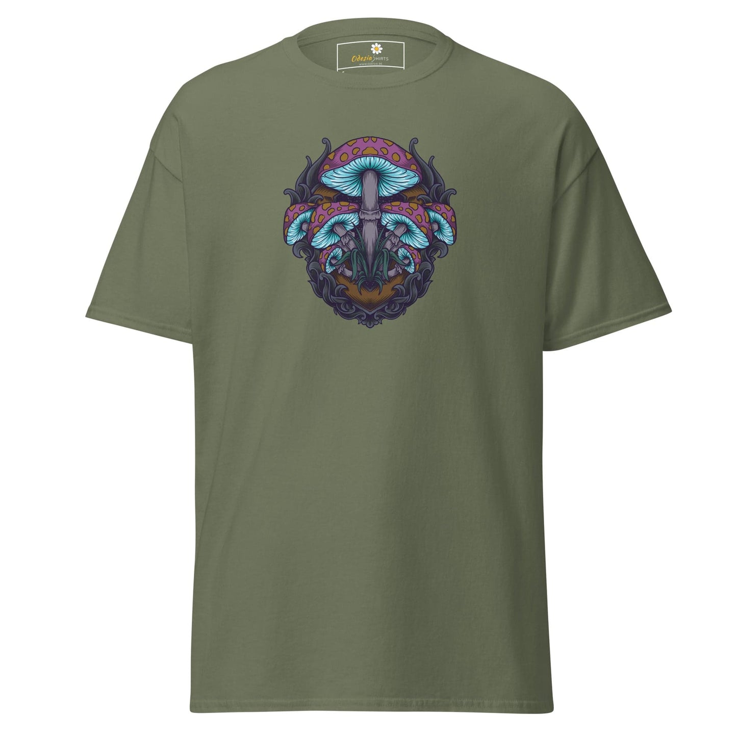 Olive green T-shirt with mushroom graphic for men and women, available in sizes S to XL