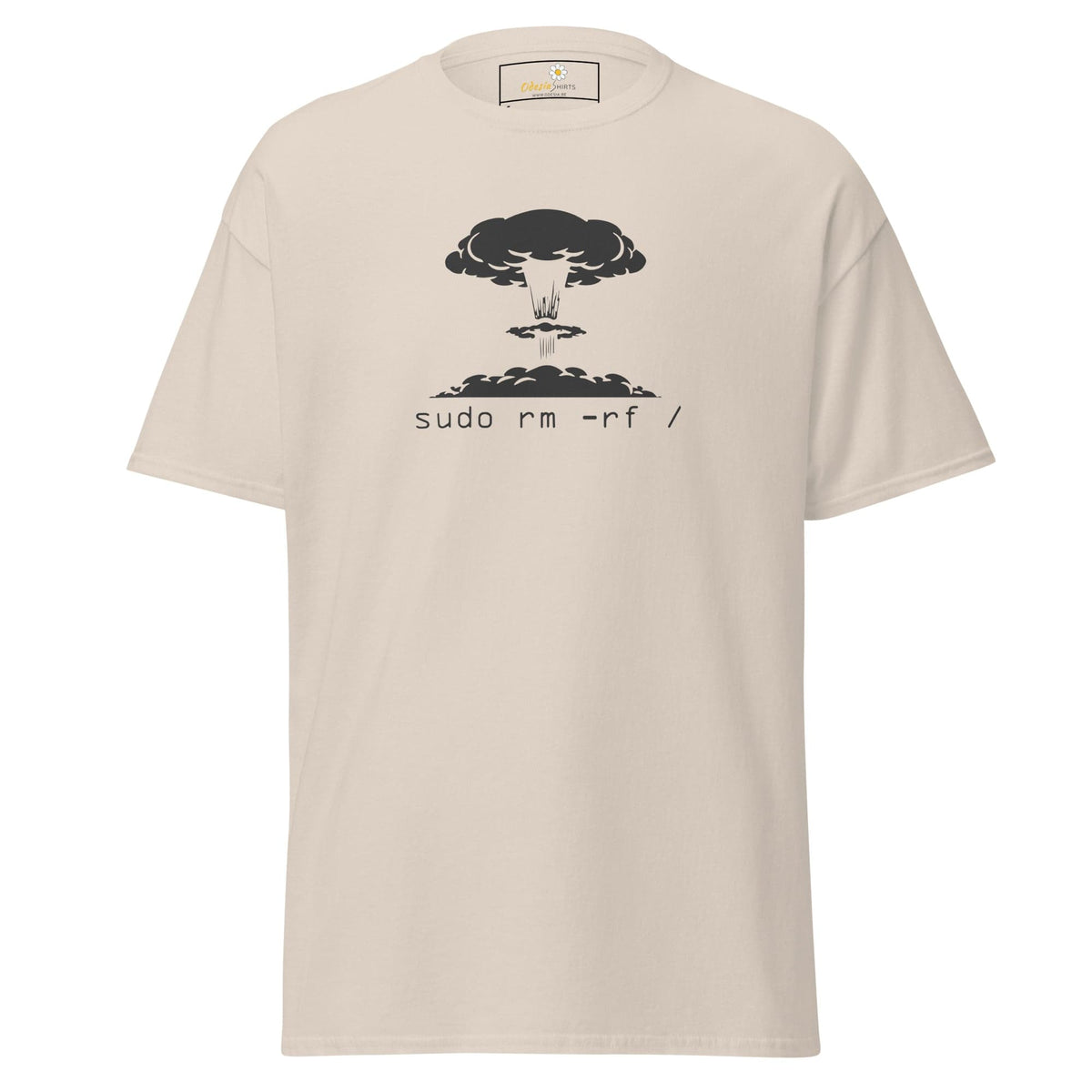 Beige T-shirt with mushroom cloud graphic for Men and Women, available in sizes S to XL