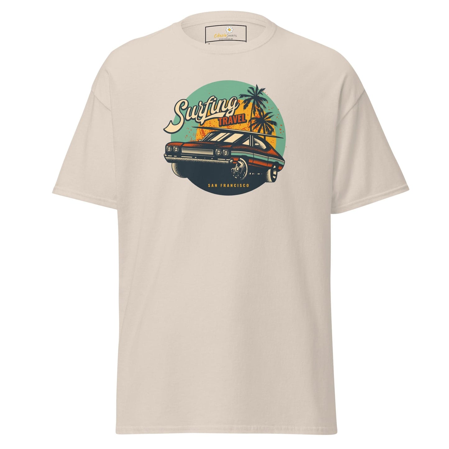 Beige T-shirt with car graphic from T-SHIRT DESIGN TEE for men and women sizes S to XL