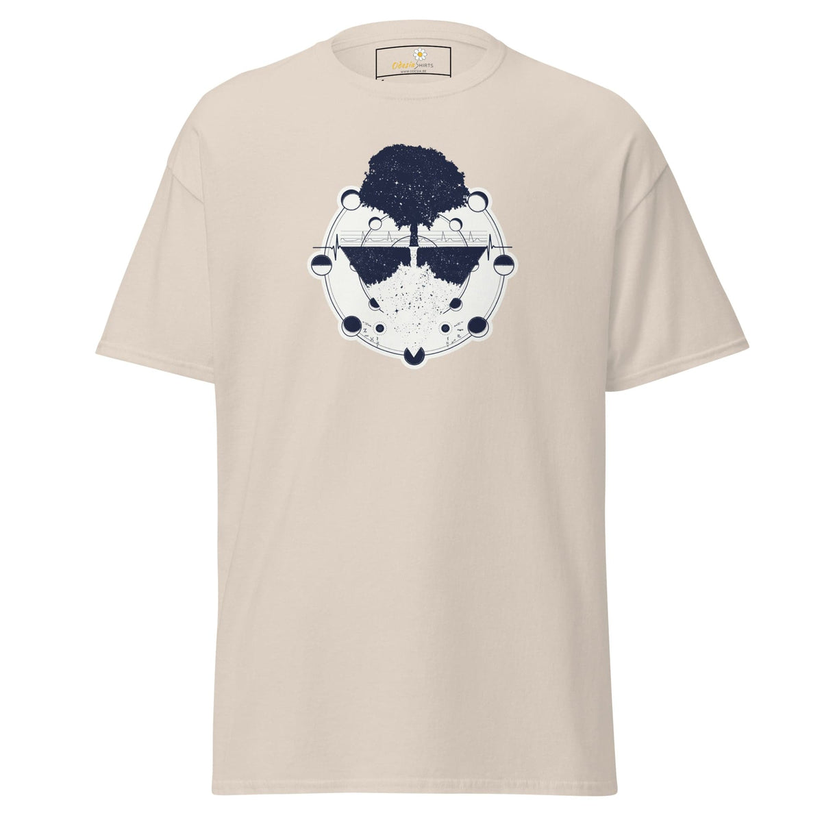 Beige T-shirt with tree and moon phases design for men and women in sizes S to XL
