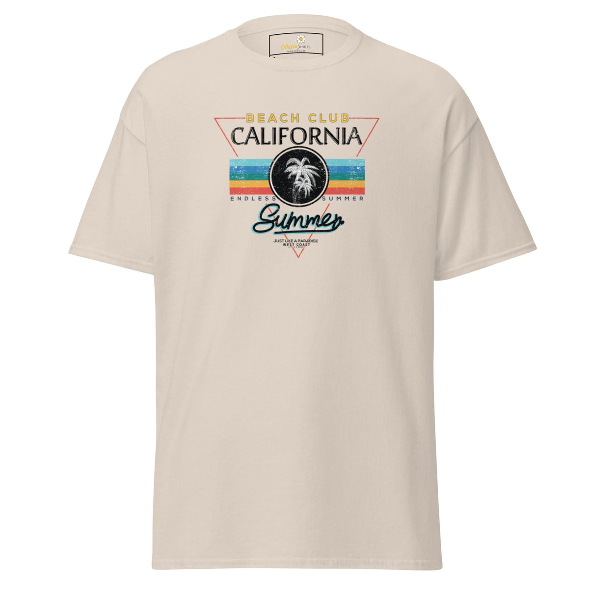 Beige T-shirt with a Beach Club graphic, suitable for men and women, available S to XL