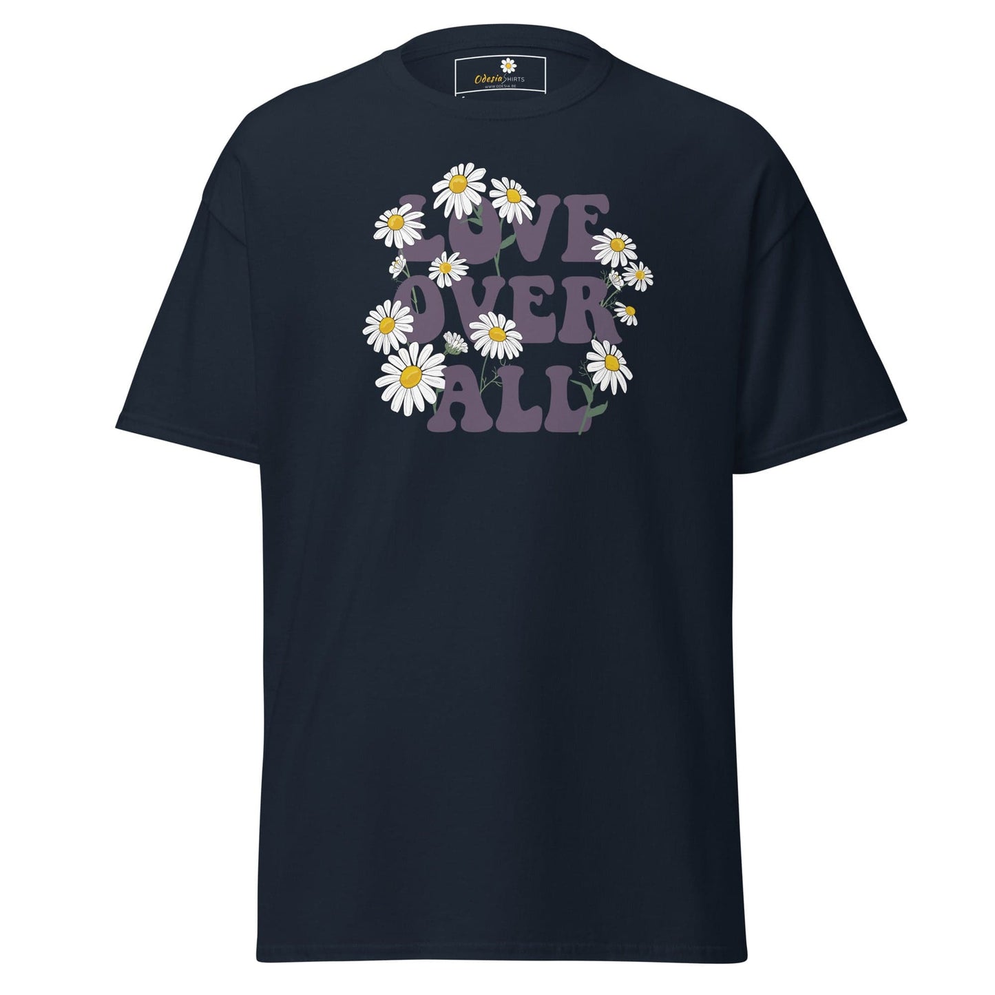 Navy blue floral graphic T-shirt suitable for men and women in sizes S to XL