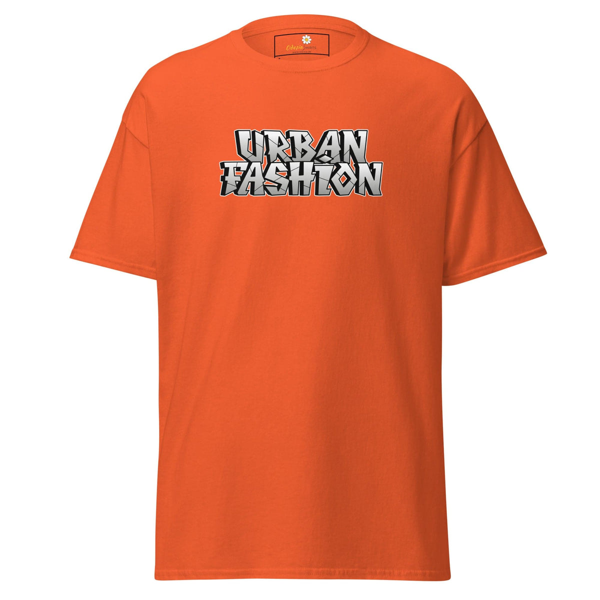 Orange T-shirt with Urban Fashion text suitable for Men and Women in sizes S to XL